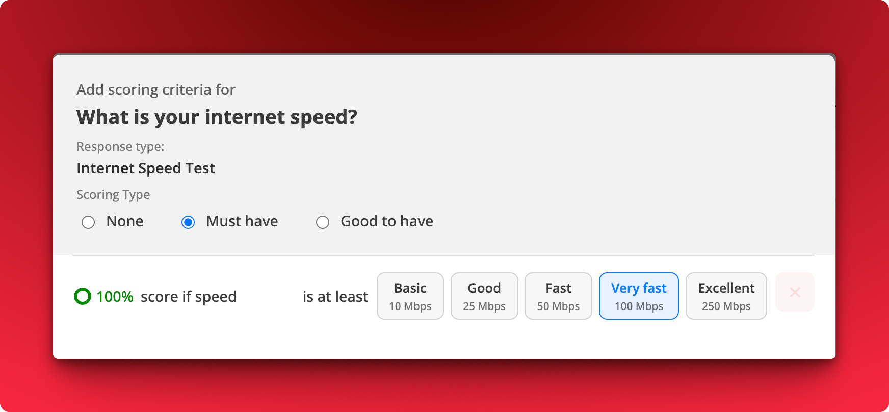 Internet speed test with scoring thresholds