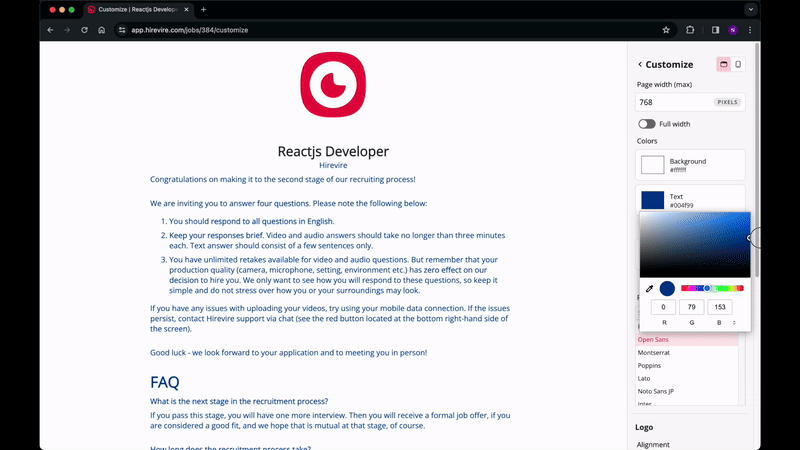 Application page customization options