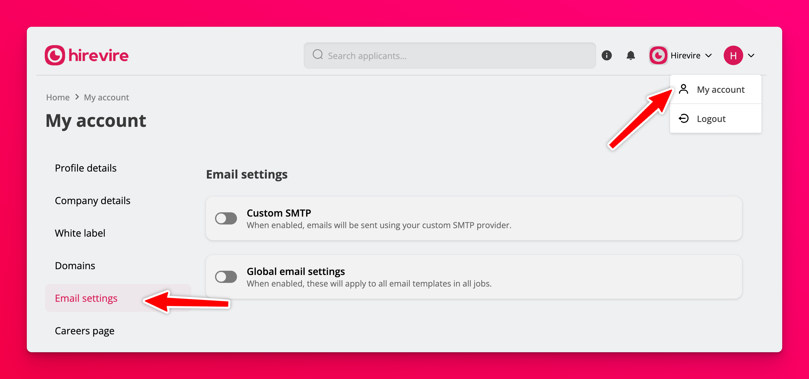 SMTP configuration in email settings
