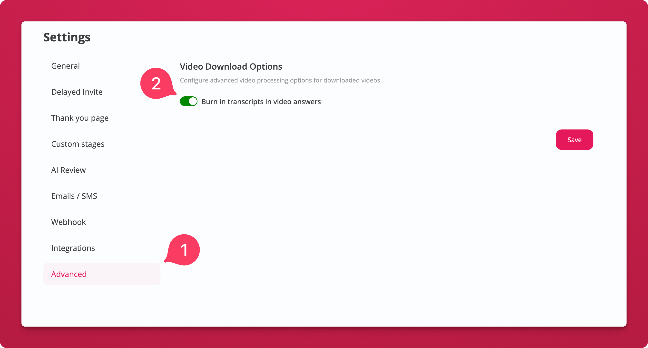 Burn-in captions setting in the advanced tab