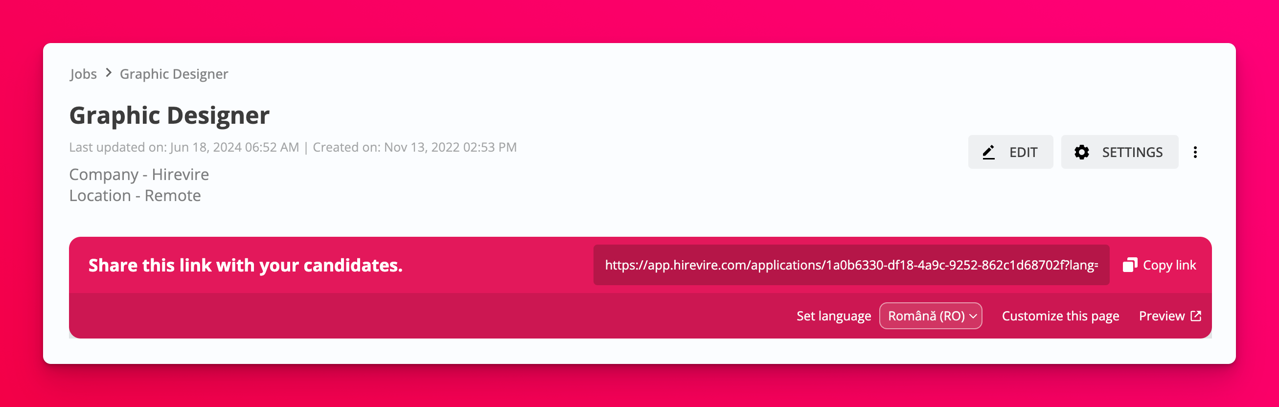 Language selection on the application page