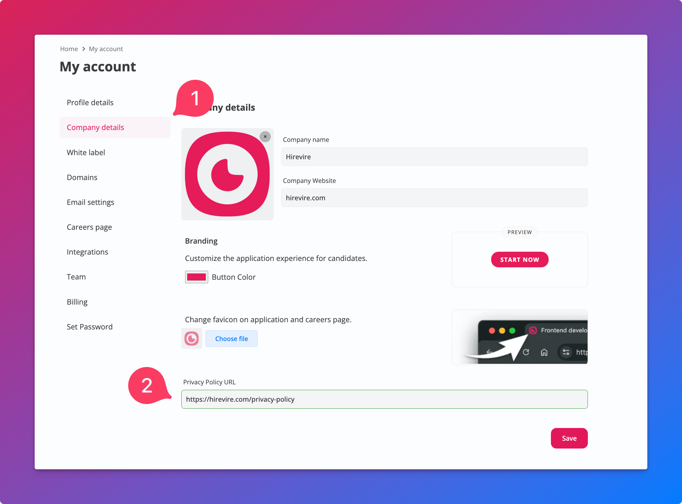 Company details tab for the privacy policy
