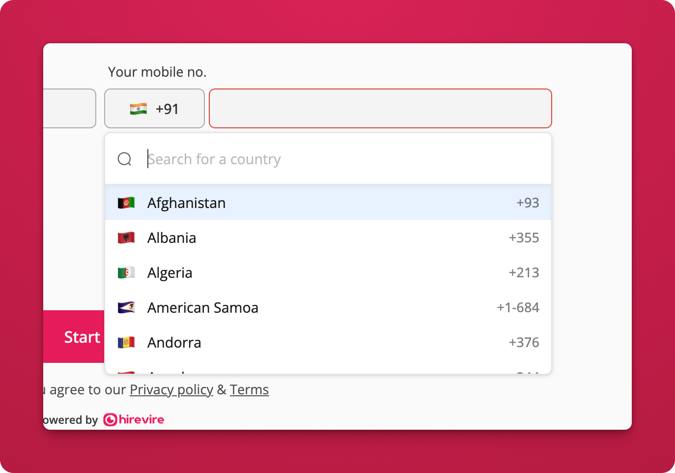 Country code selector in the contact number field