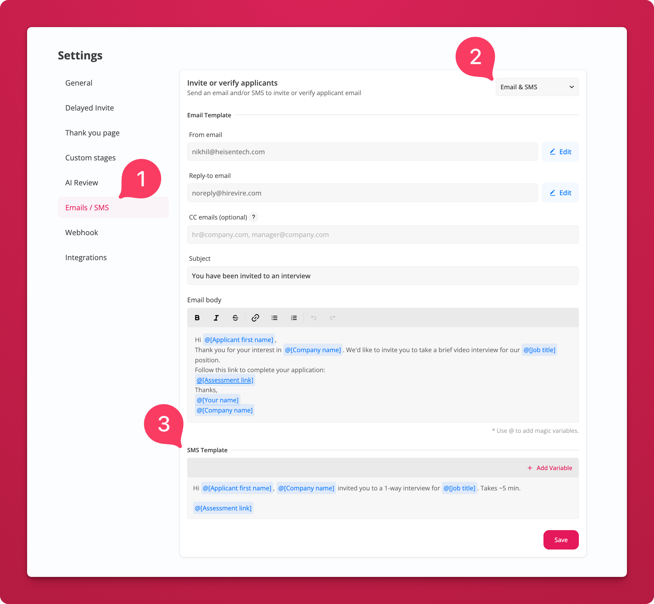 Email and SMS template setup