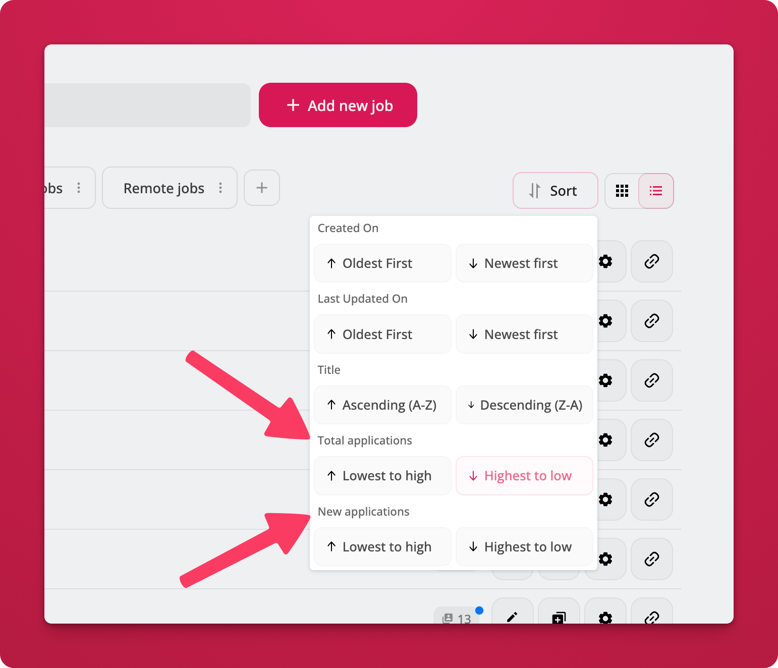 Sorting options for the jobs listing