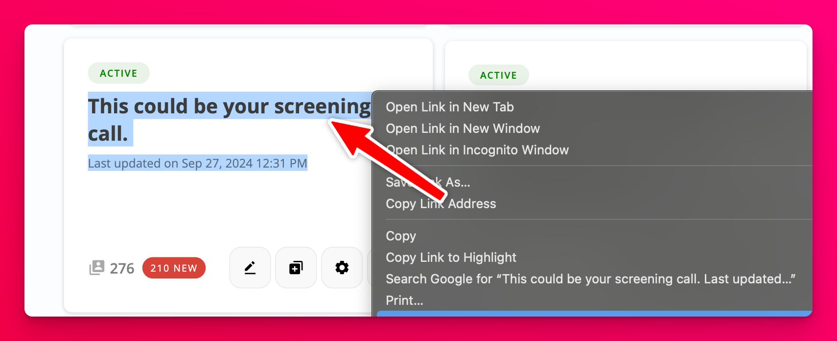Right-click menu on a dashboard job title