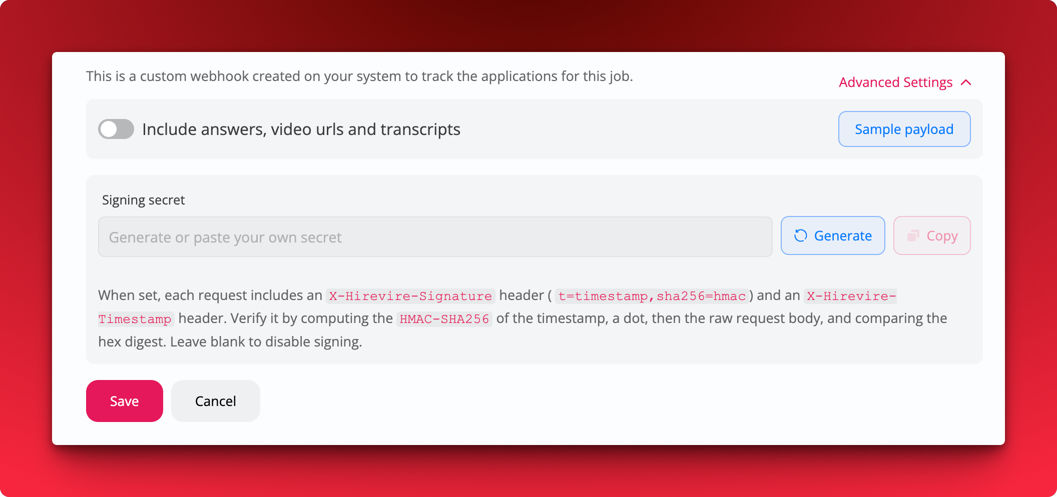 HMAC signing secret configuration for a webhook