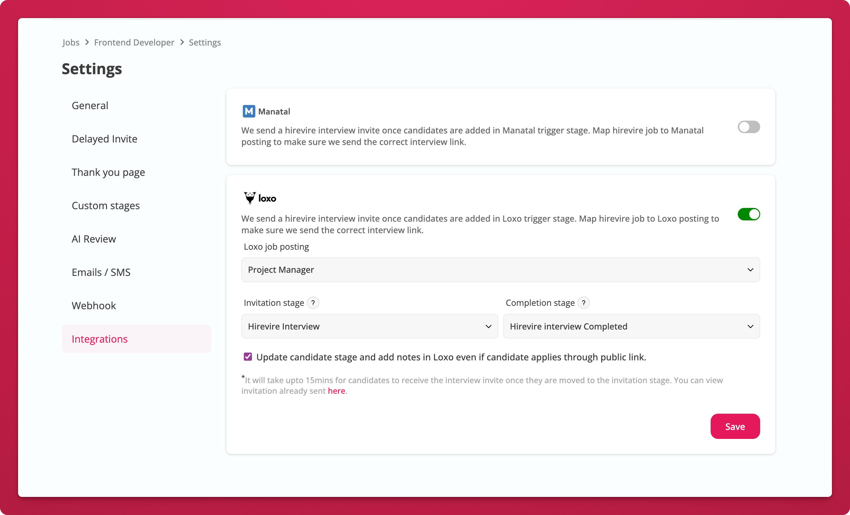 Connecting a Loxo job to a Hirevire job