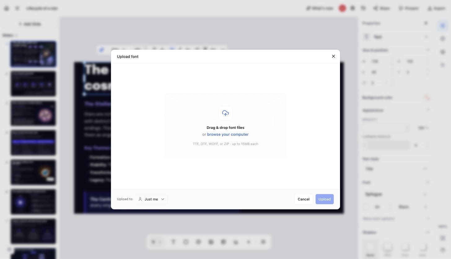 The Upload font dialog open over the editor, with a drag-and-drop area and a line listing the accepted formats and size limit