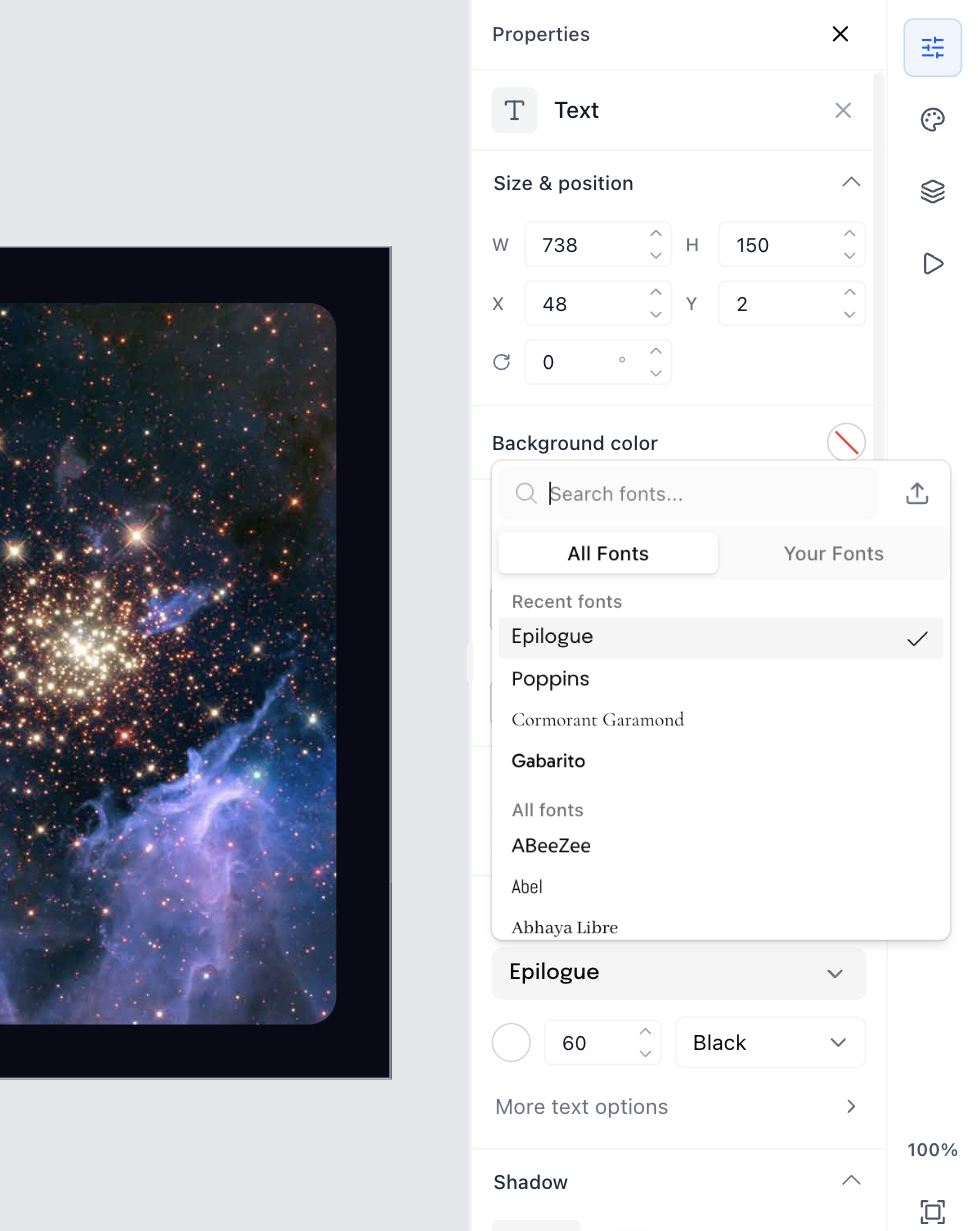 The font picker open on the All Fonts tab, with a search box, a Recent fonts group, and the full font list below