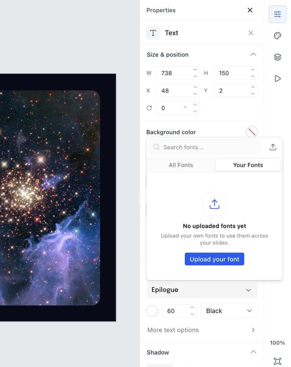 The Your Fonts tab of the font picker before anything is uploaded, showing an Upload your font button