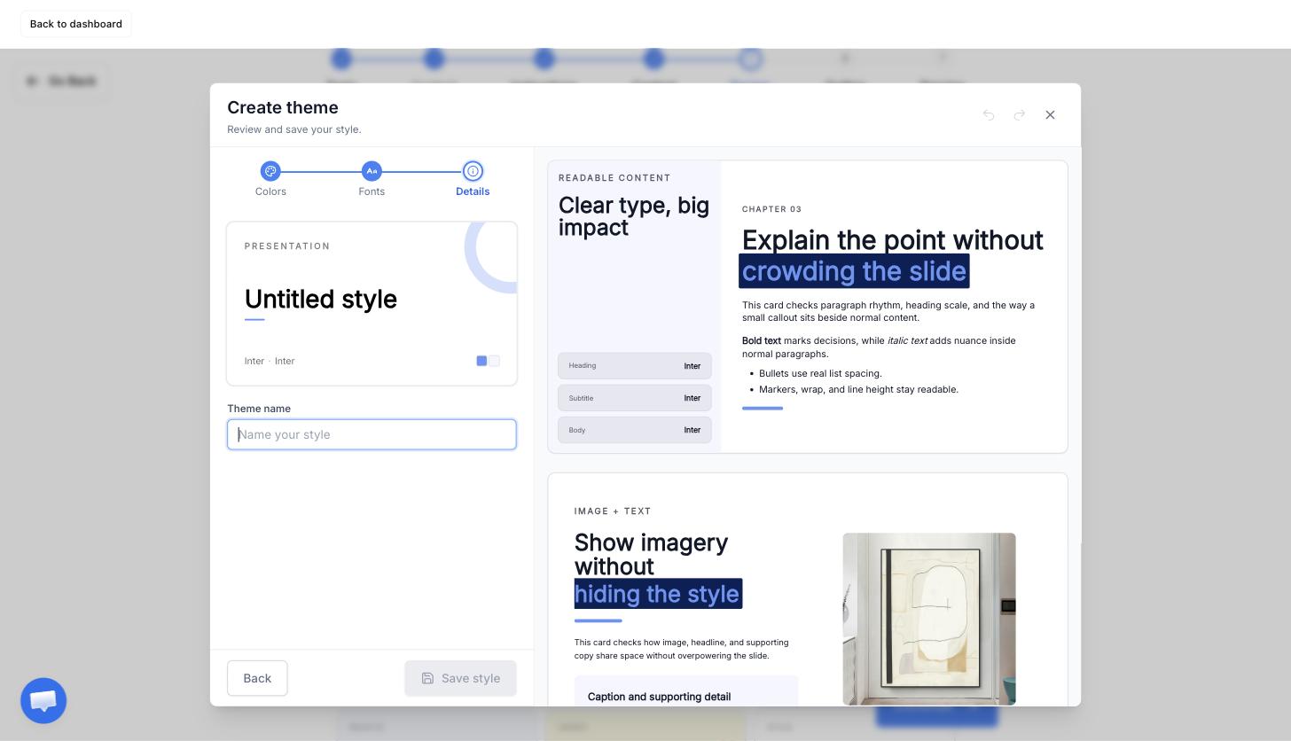 The Details step of the theme builder, with a Theme name field and the Save style button