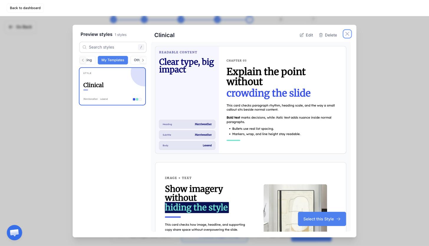 A custom theme open in the style preview, with Edit and Delete in the top right