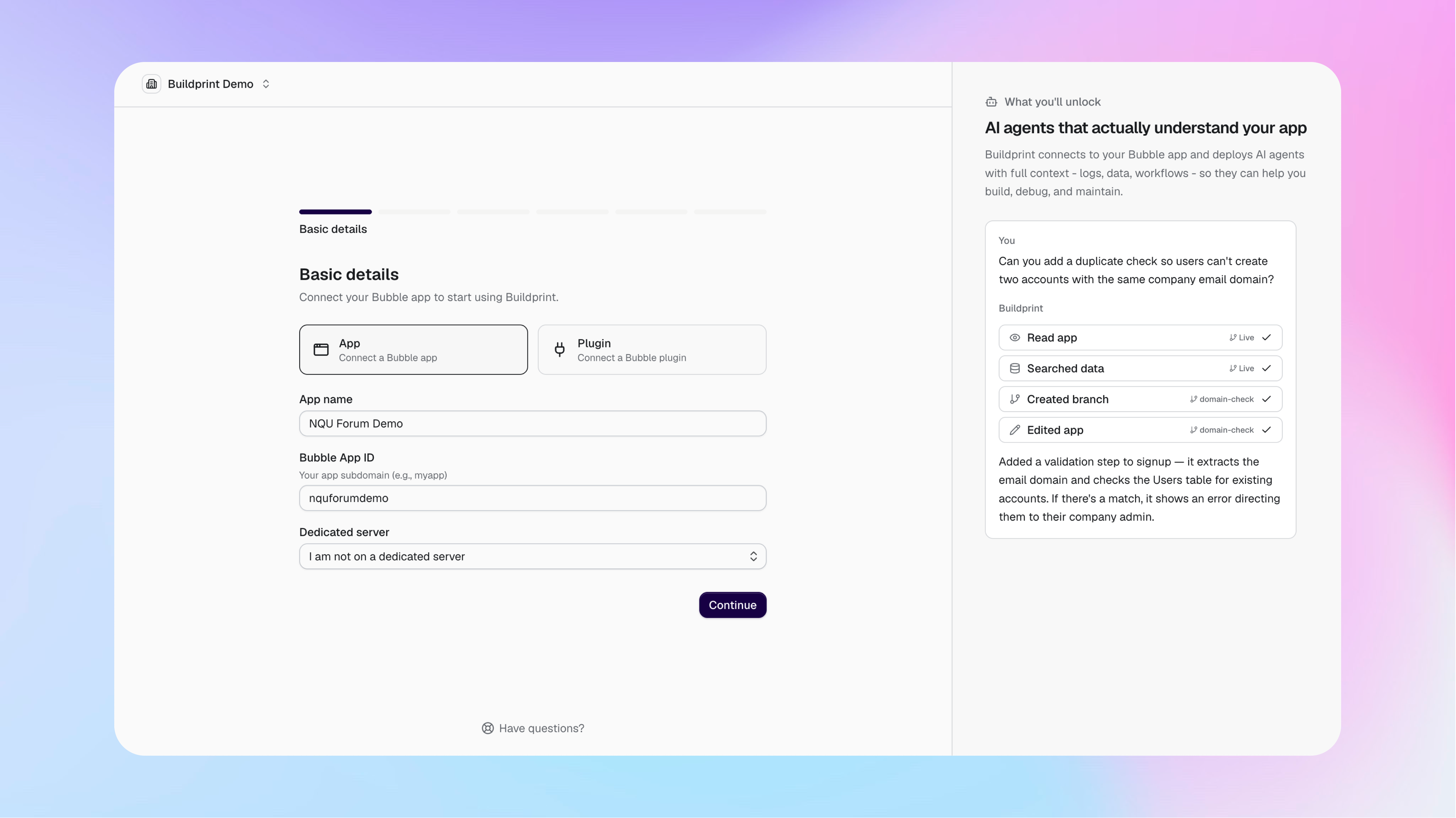 The Buildprint setup screen for choosing a Bubble app or plugin and entering its details