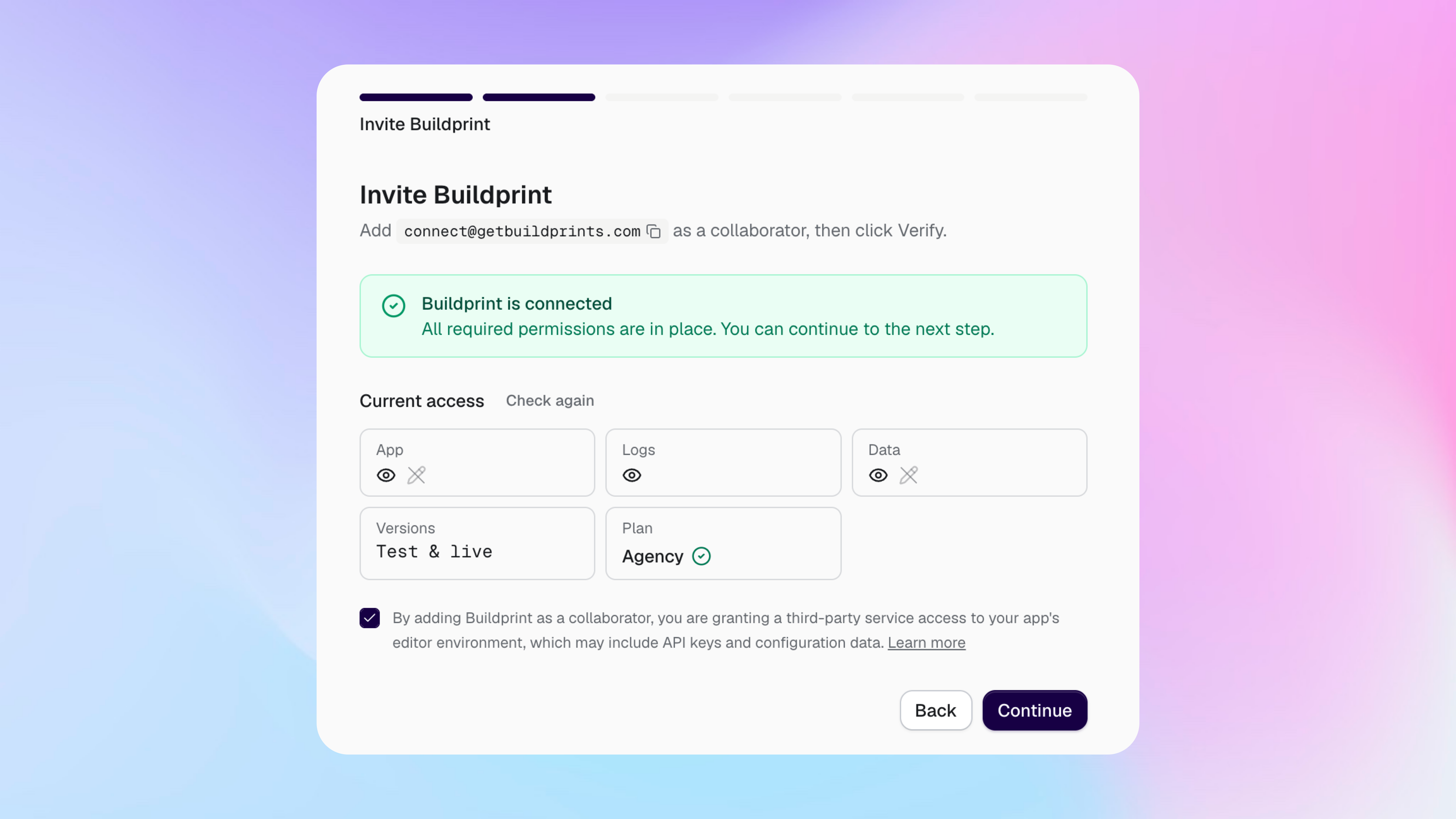 Buildprint confirming its current access to a connected Bubble app