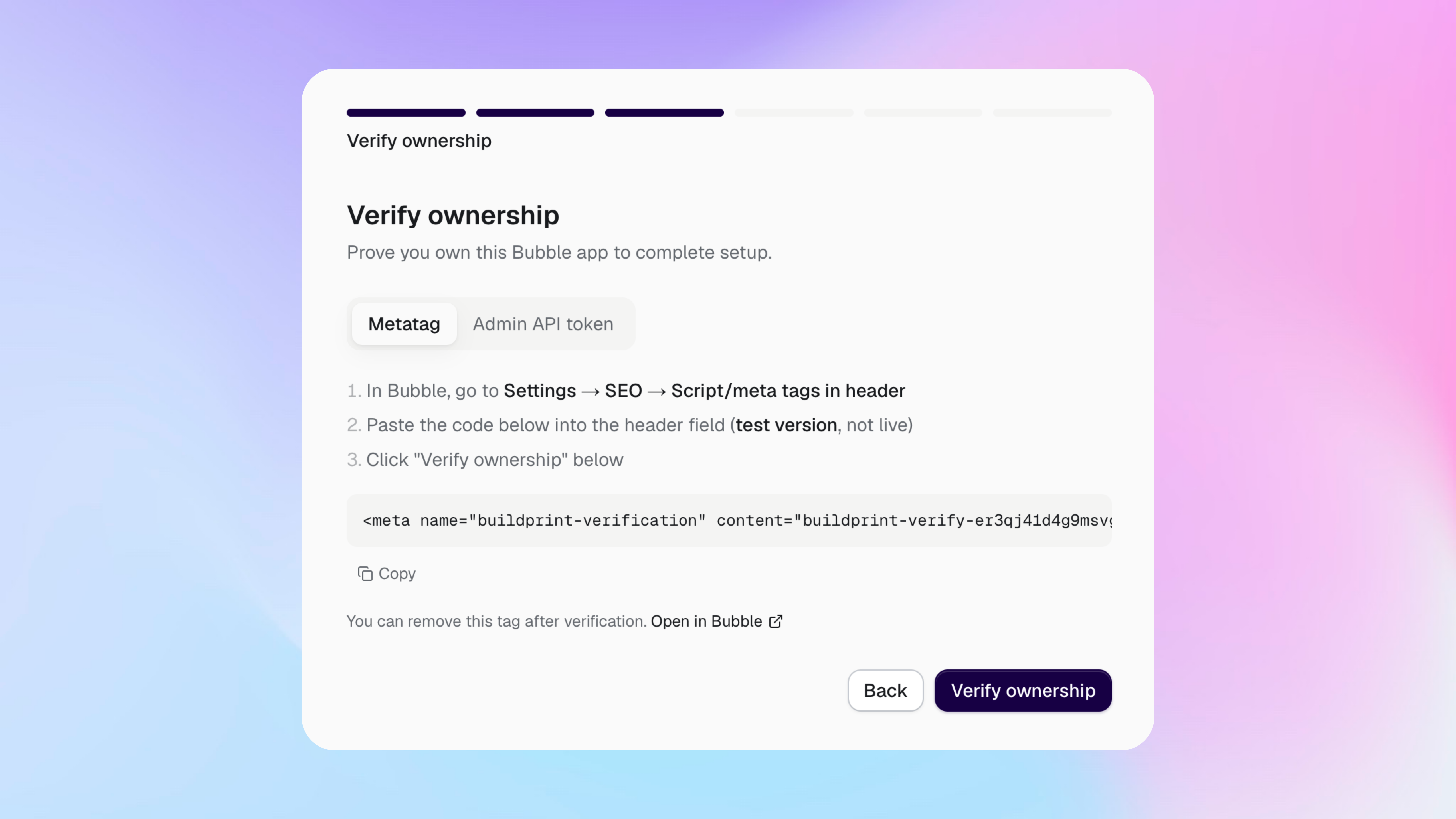 The Buildprint ownership verification screen showing the metatag method
