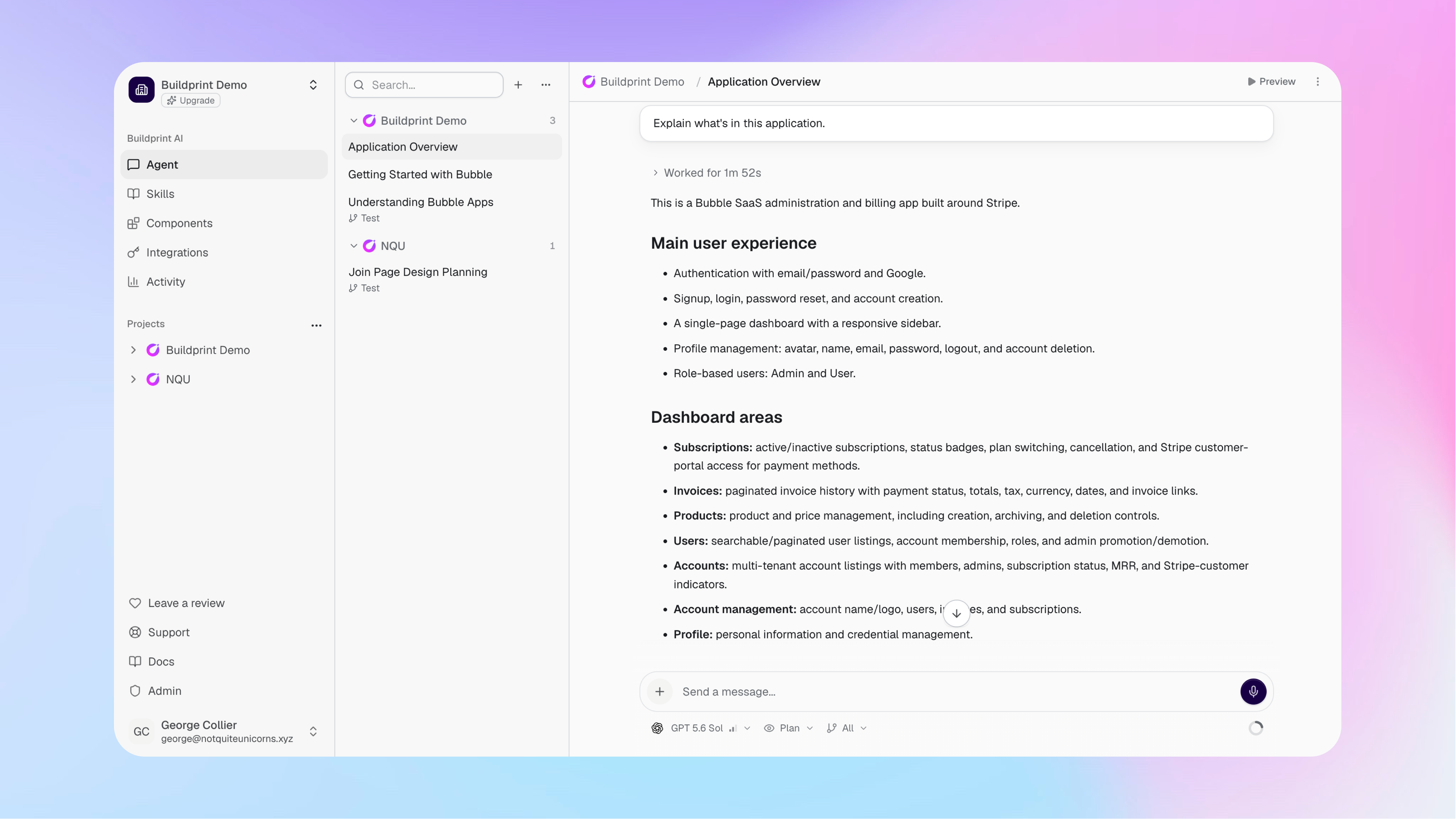 A connected Bubble app open in the Buildprint Agent