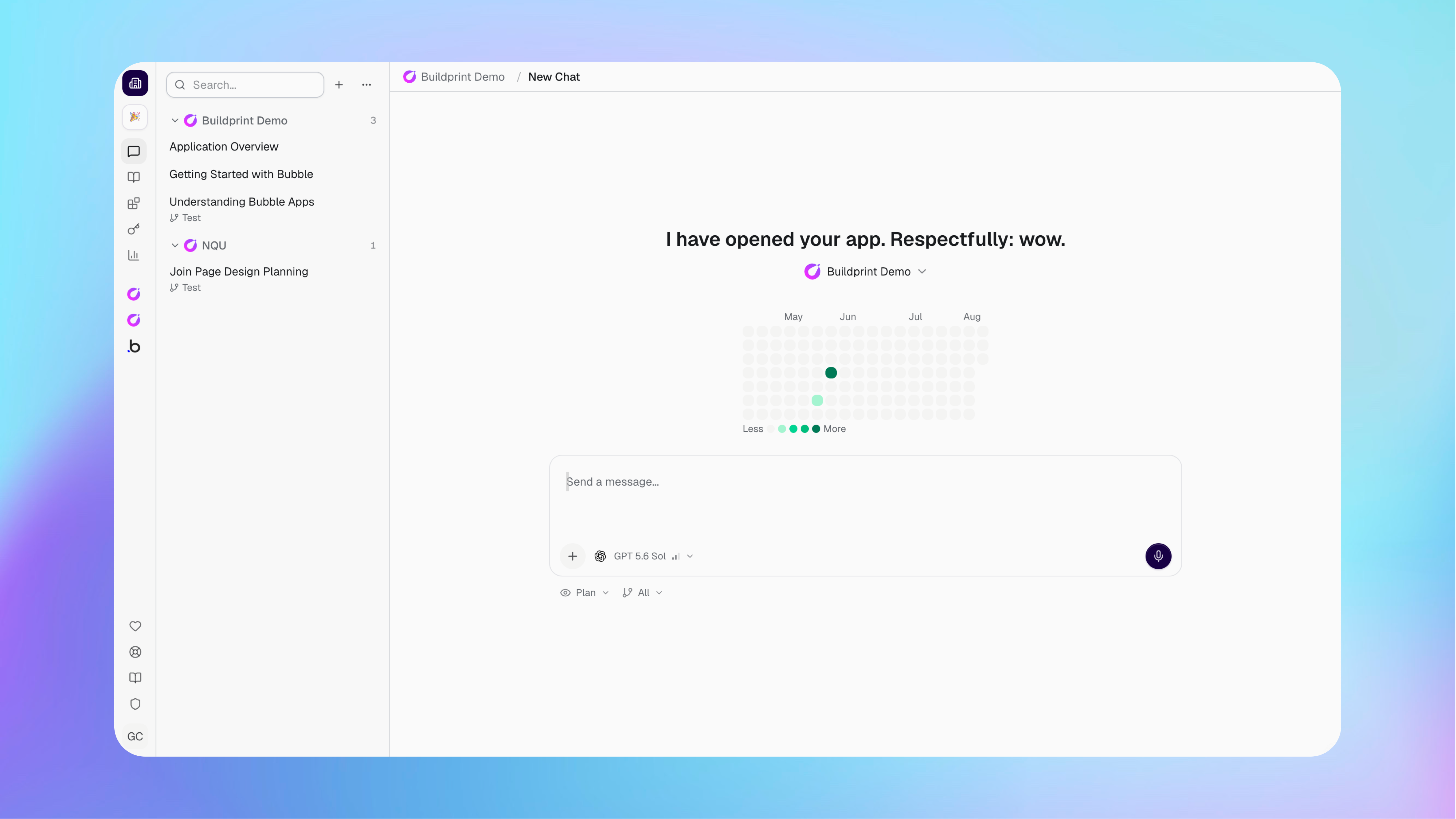 A new Buildprint Agent conversation with a Bubble project selected
