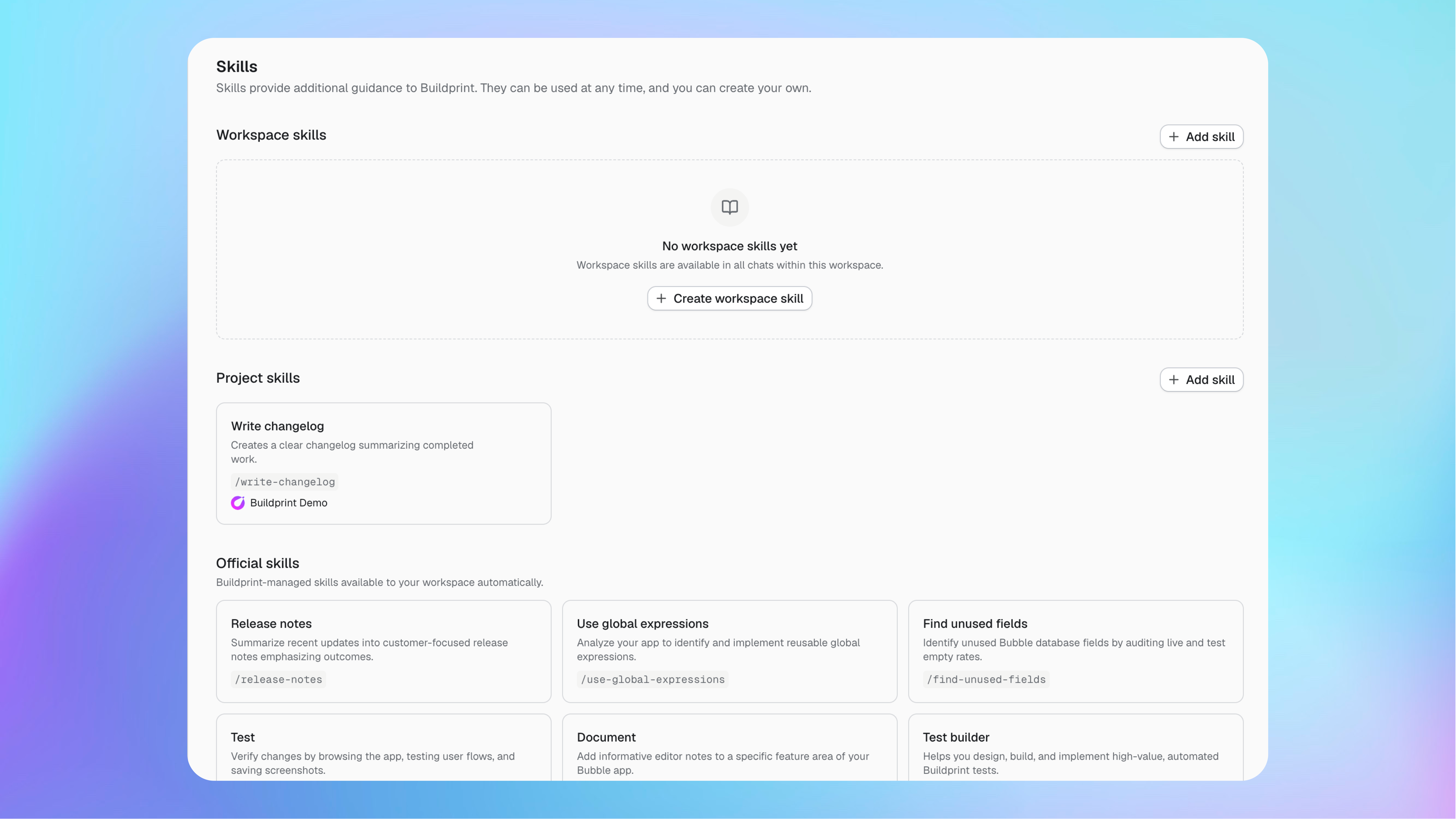 The Buildprint Skills page showing workspace, project, and official Skills