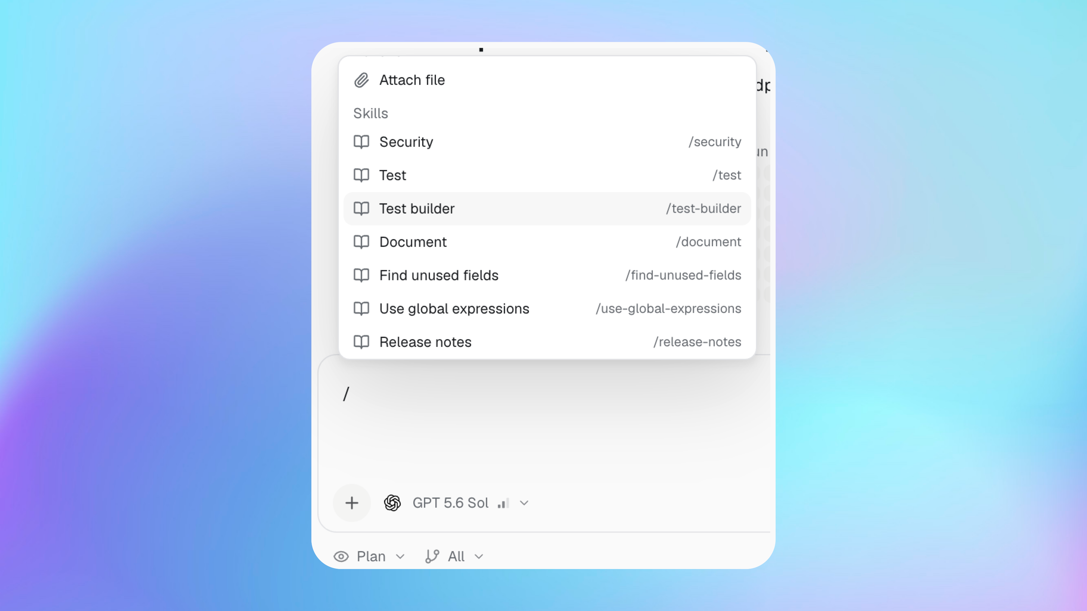 Selecting a Skill by typing a slash command in the Agent message box