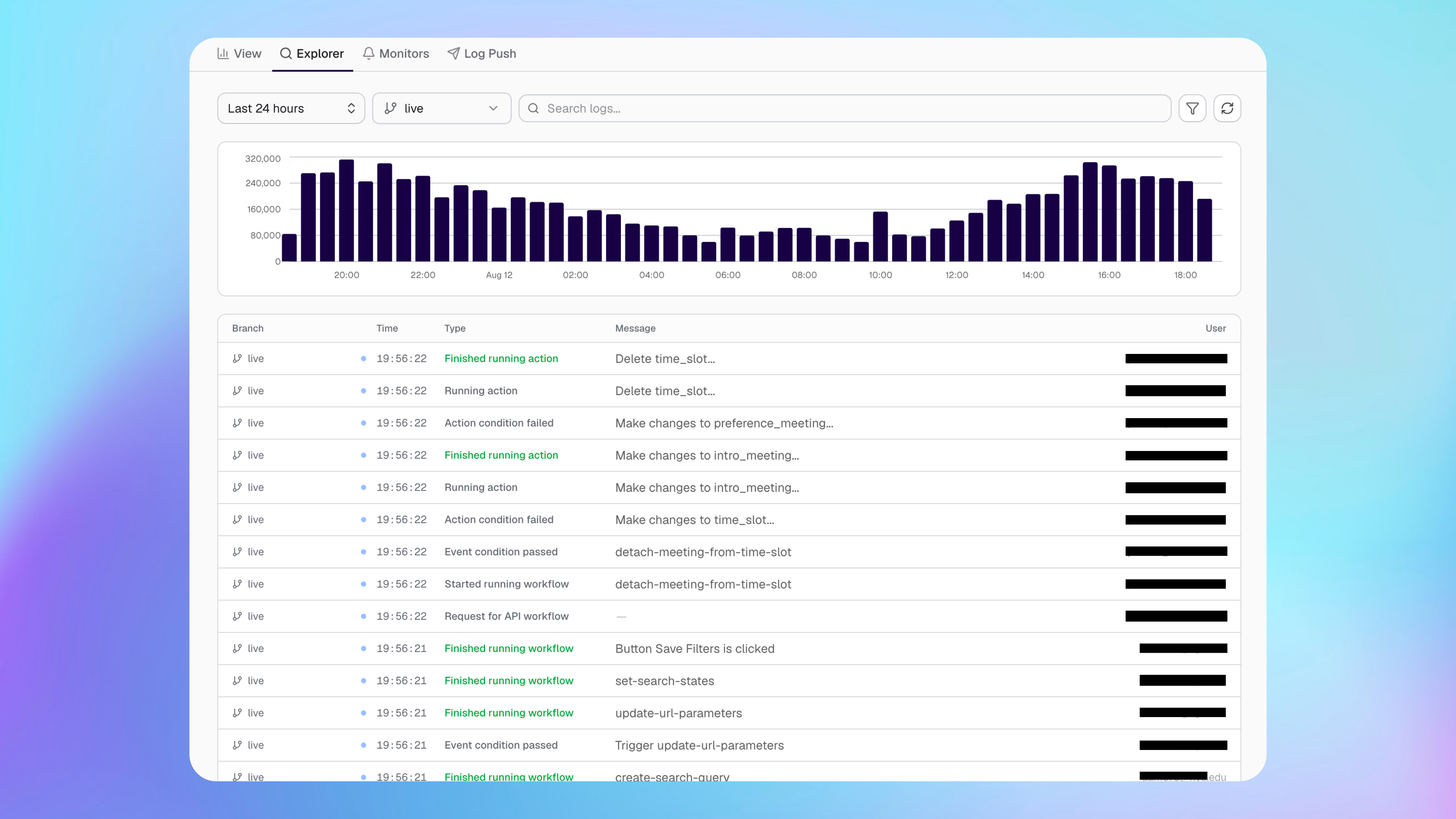 Logs Explorer showing a volume chart and redacted Bubble log results