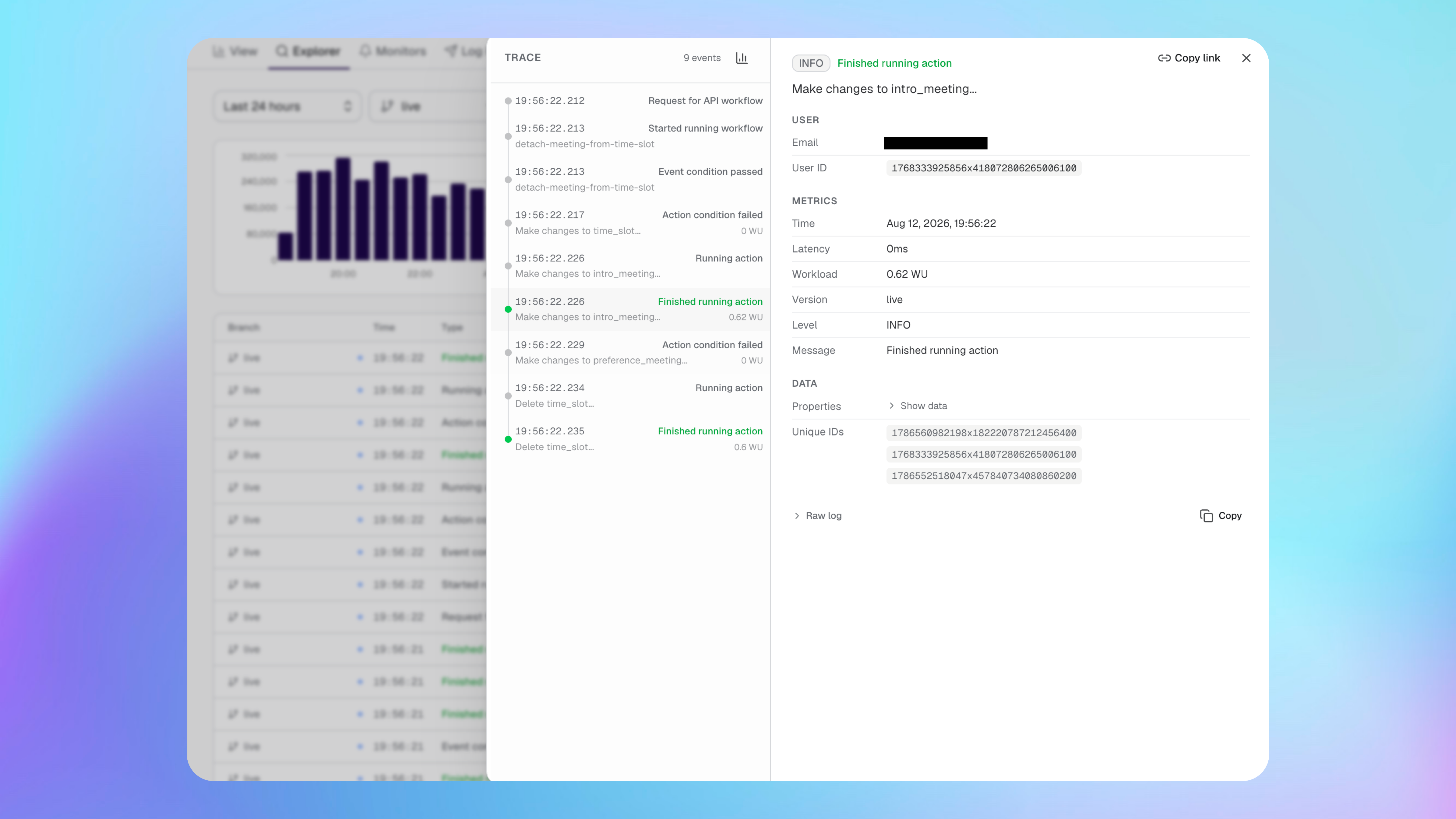 A Bubble log event with its trace, user, metrics, properties, and unique IDs