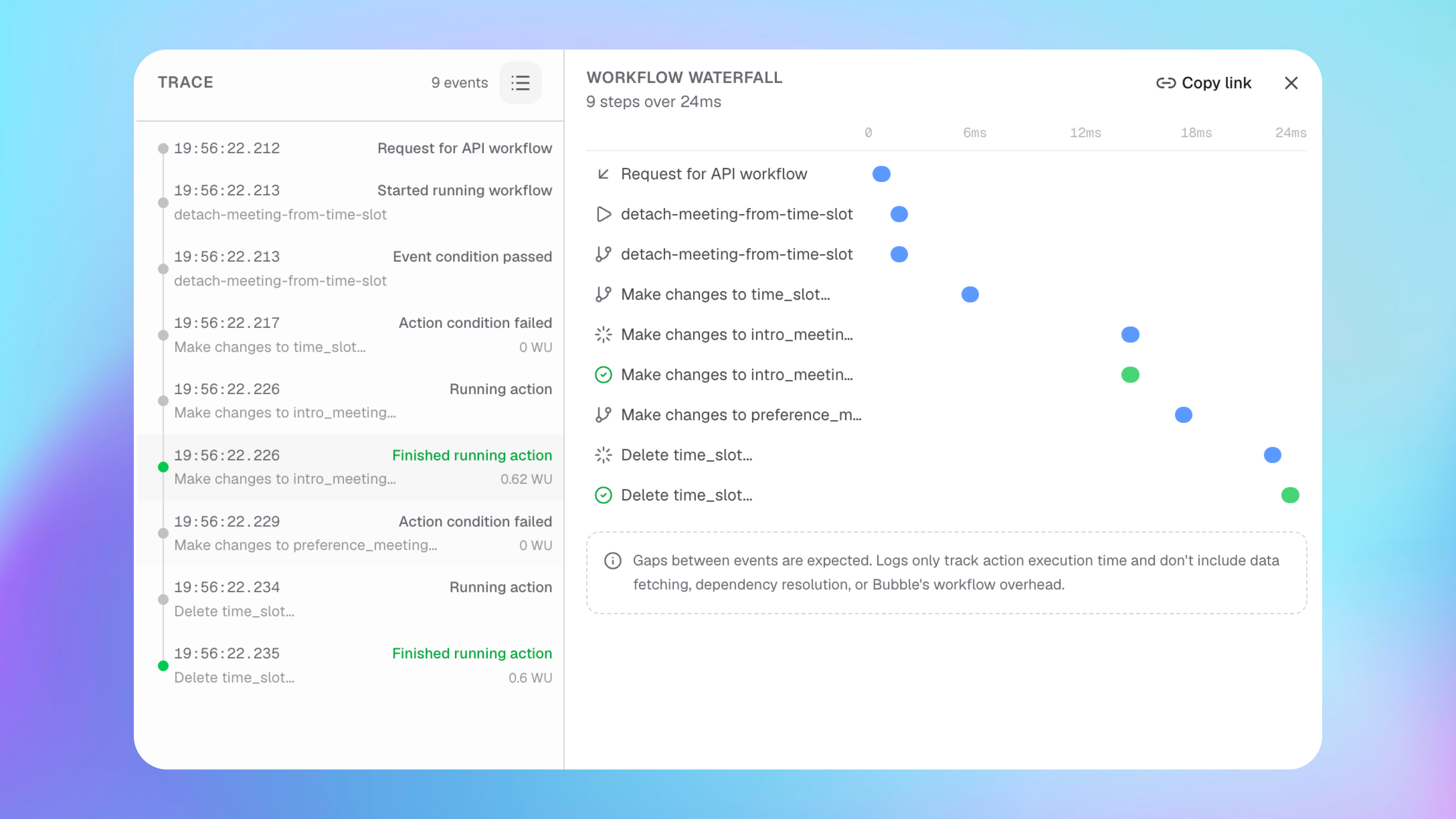 A workflow waterfall showing nine related Bubble log events over 24 milliseconds