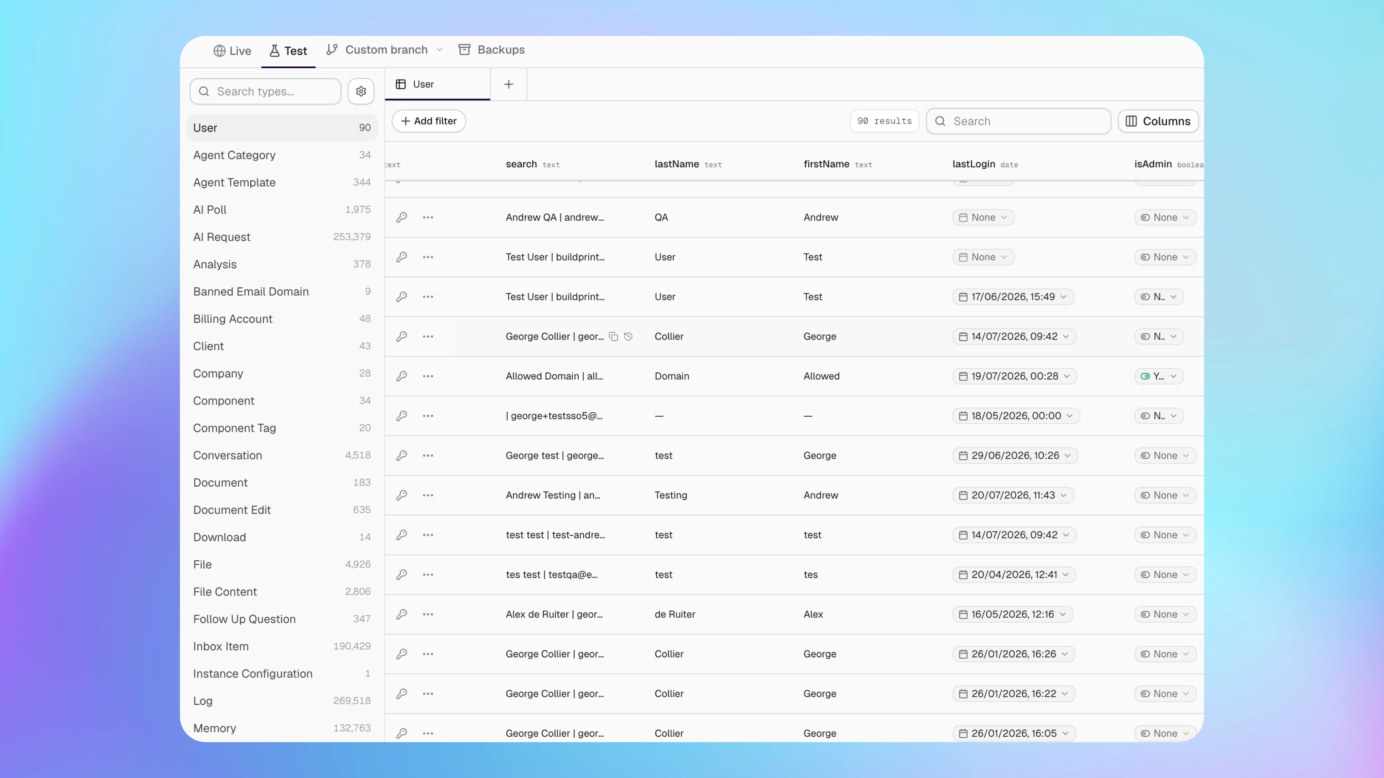 Data Explorer showing Bubble data types and records in the Test database