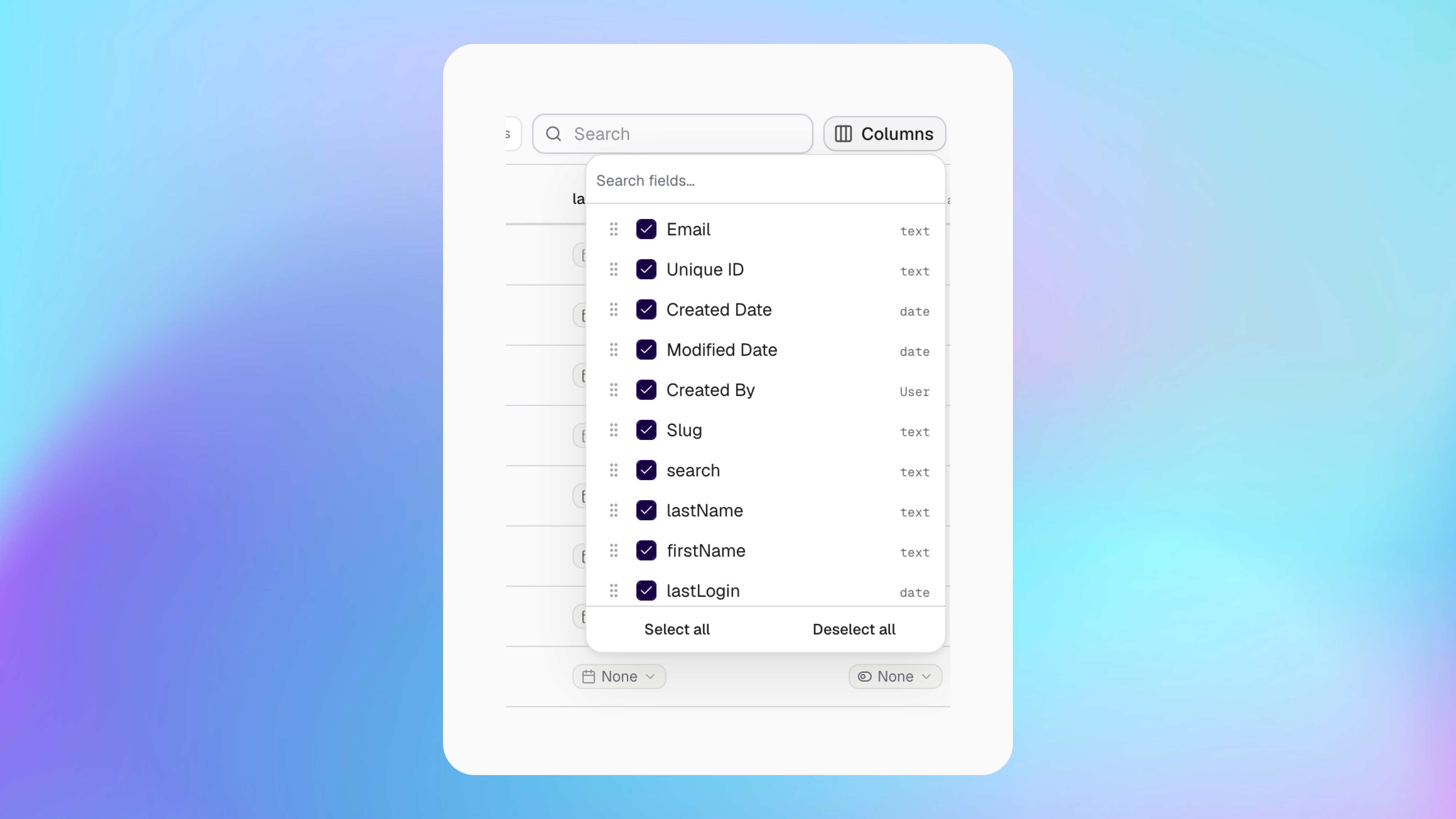 Choosing and reordering fields in the Data Explorer table