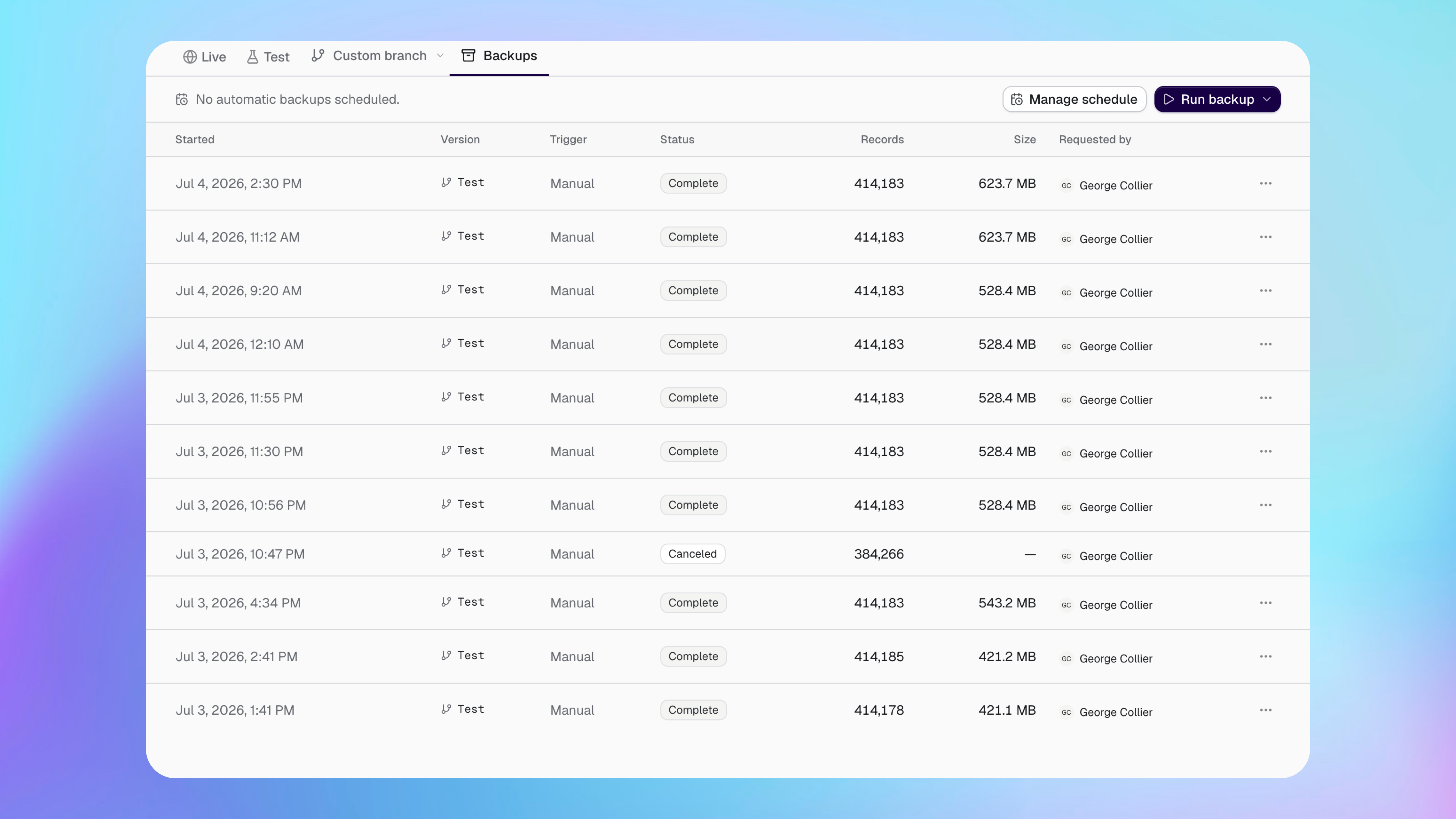 Data backups showing completed and cancelled Test database backups