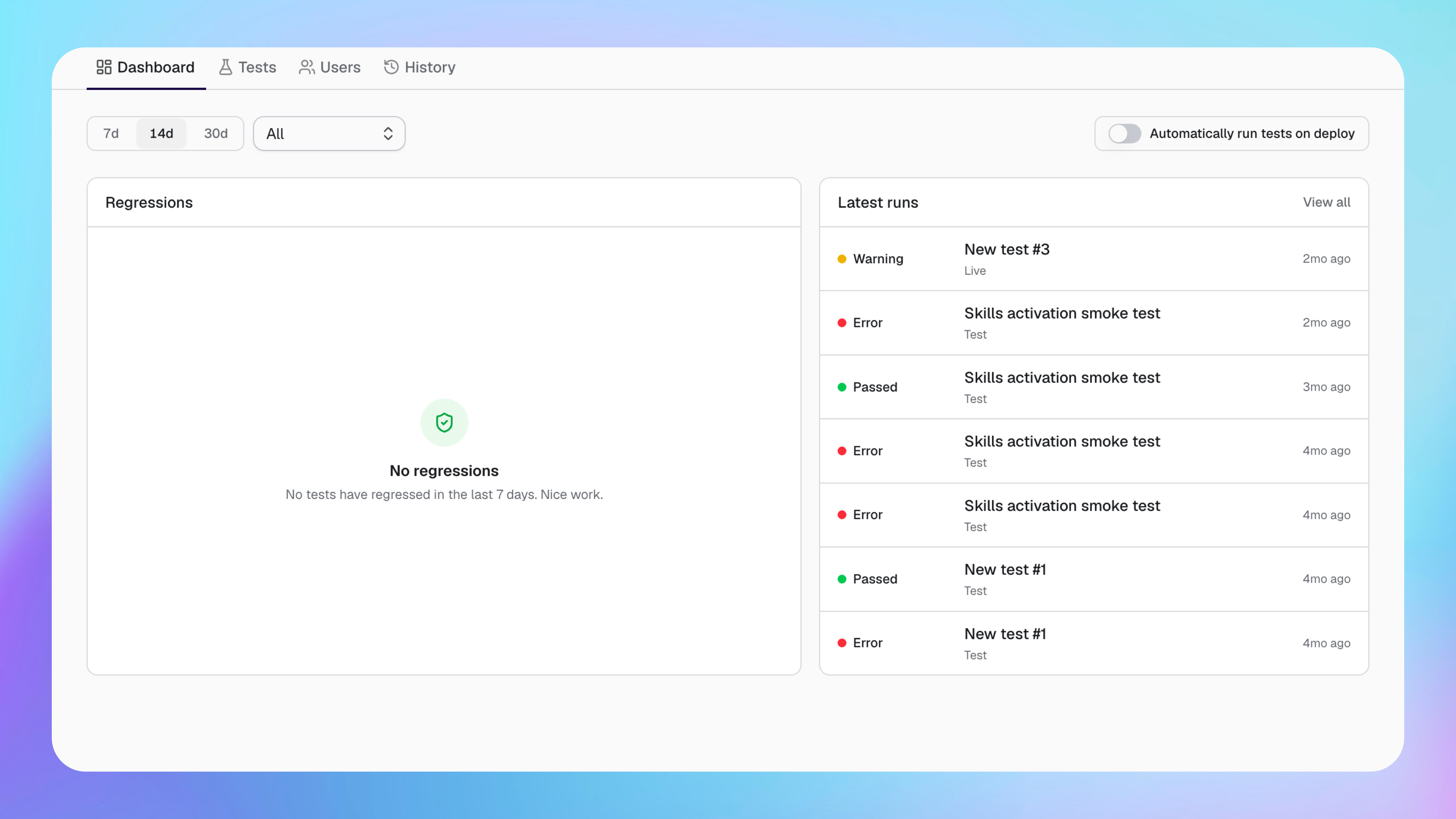 Buildprint Tests Dashboard showing recent runs and regressions