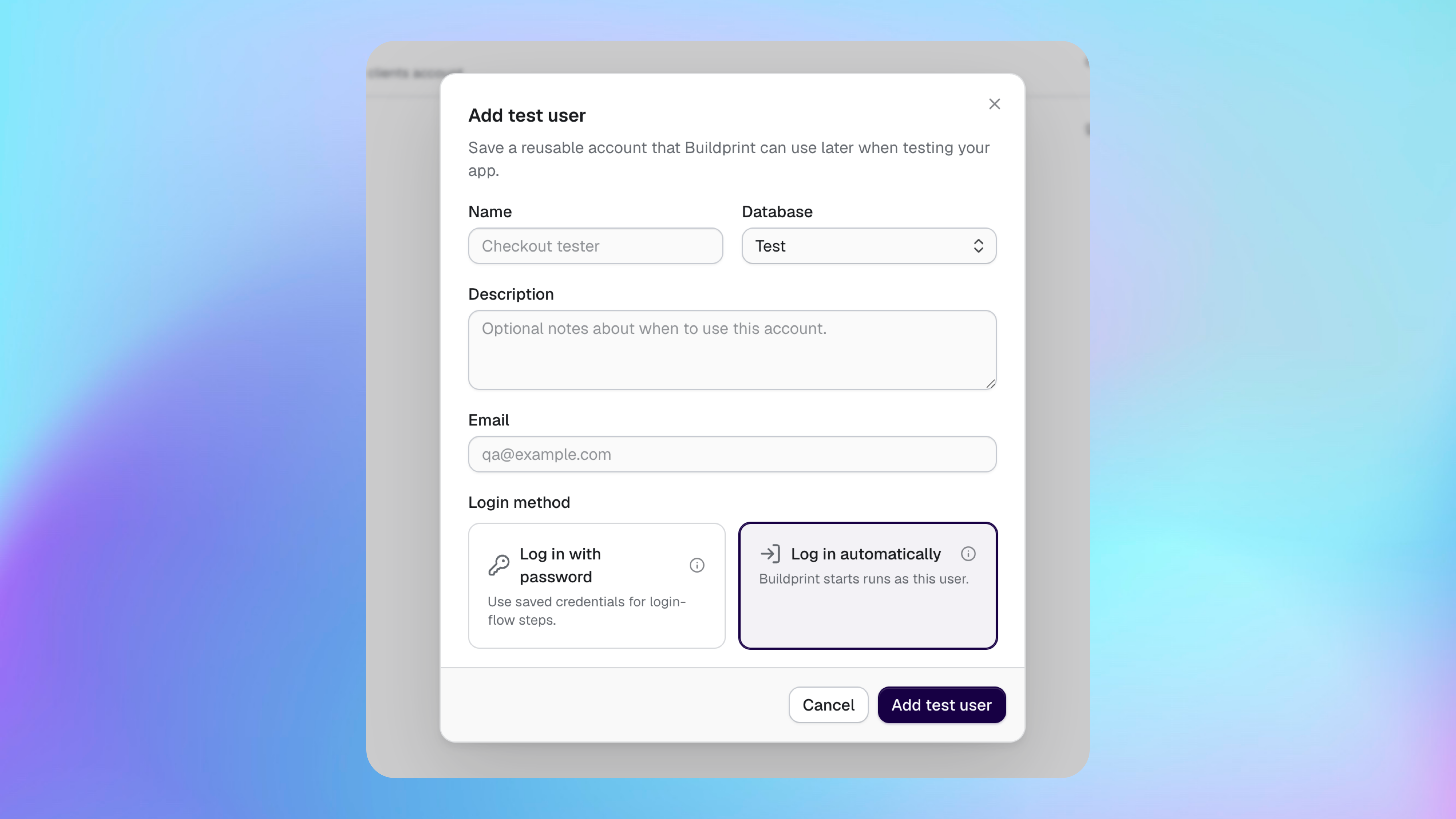 Creating a test user with password or automatic login