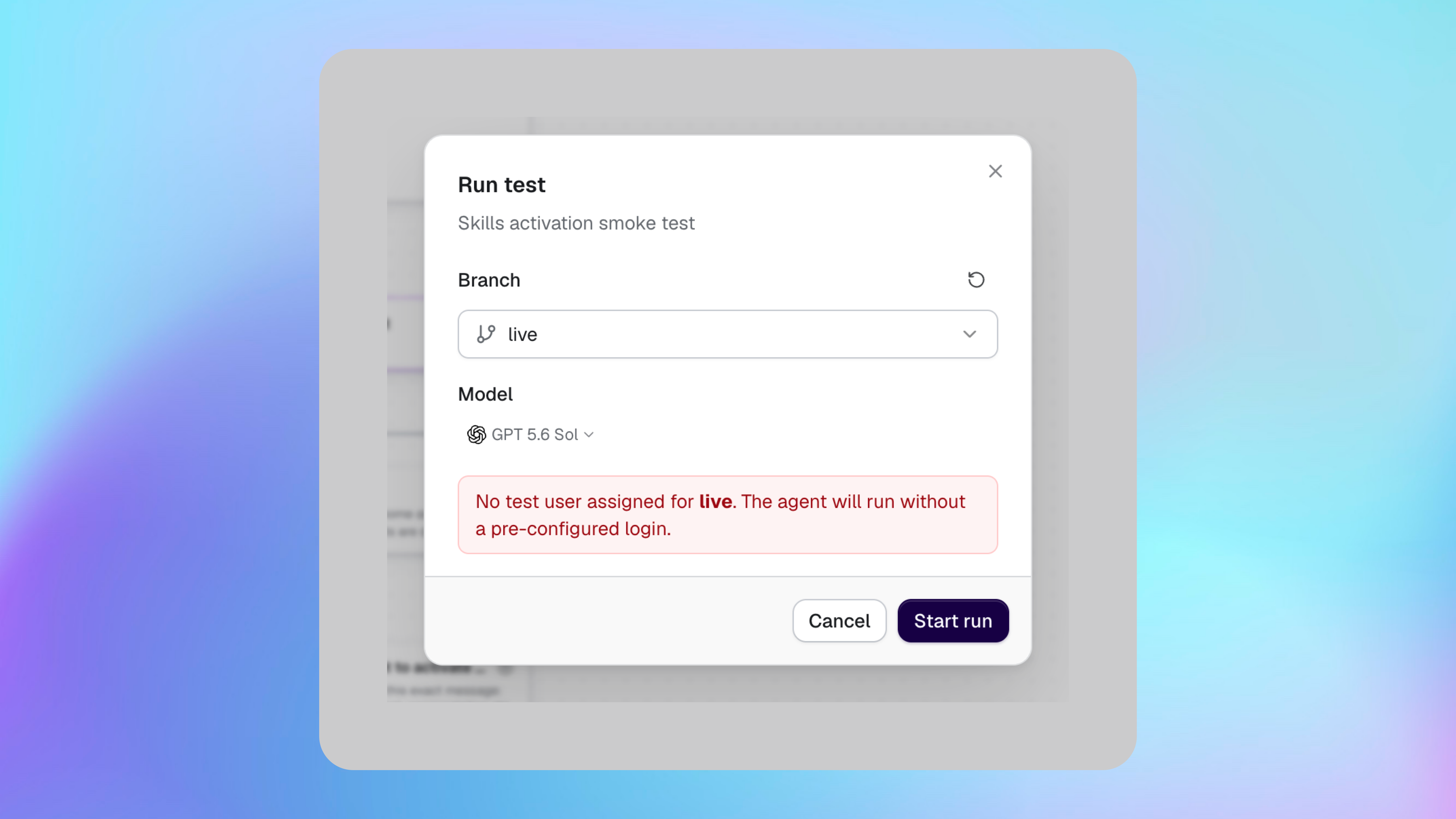 Run test dialog showing the Bubble branch, AI model and missing test-user warning