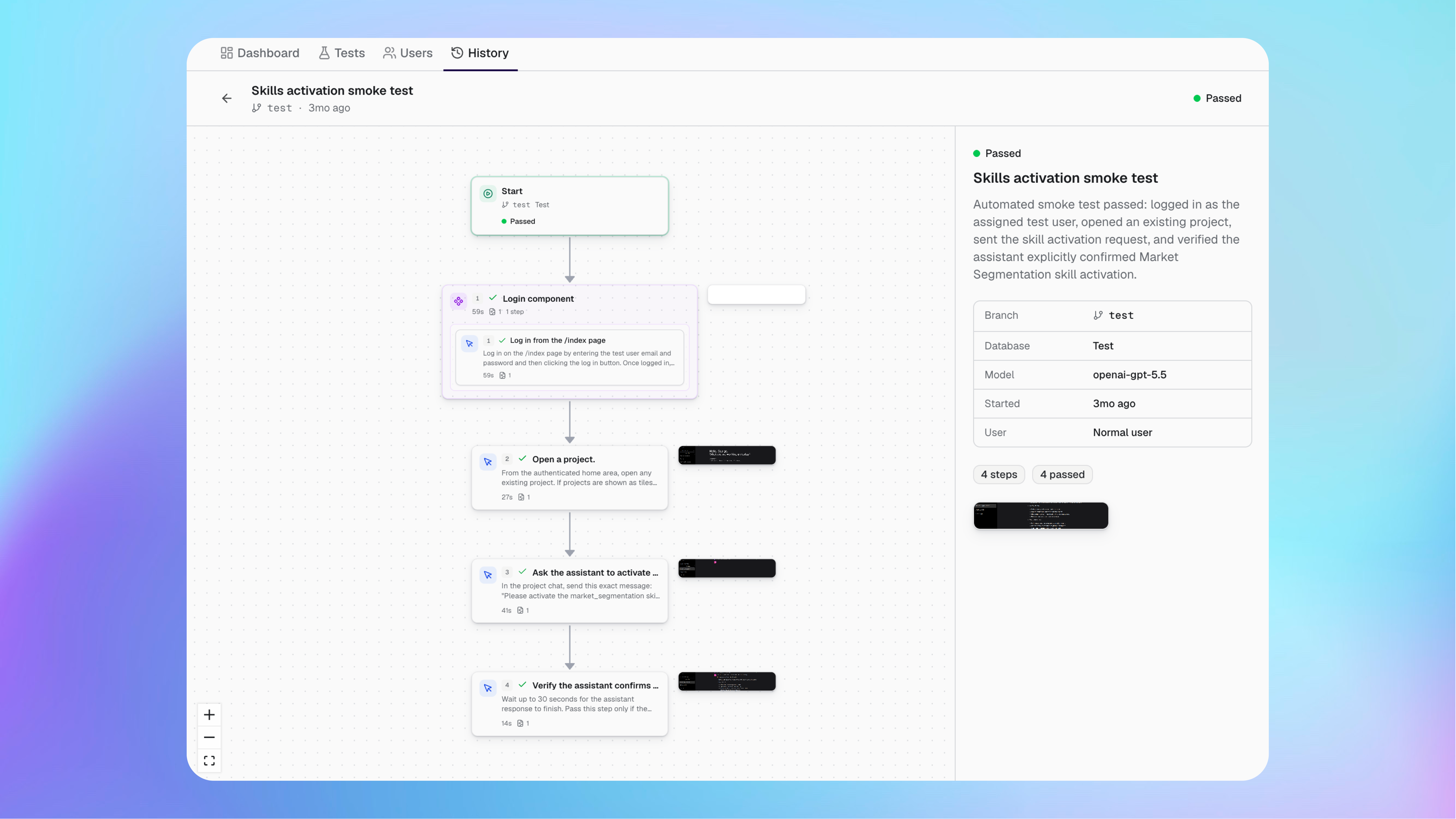 A passed Buildprint test result with step evidence and screenshots