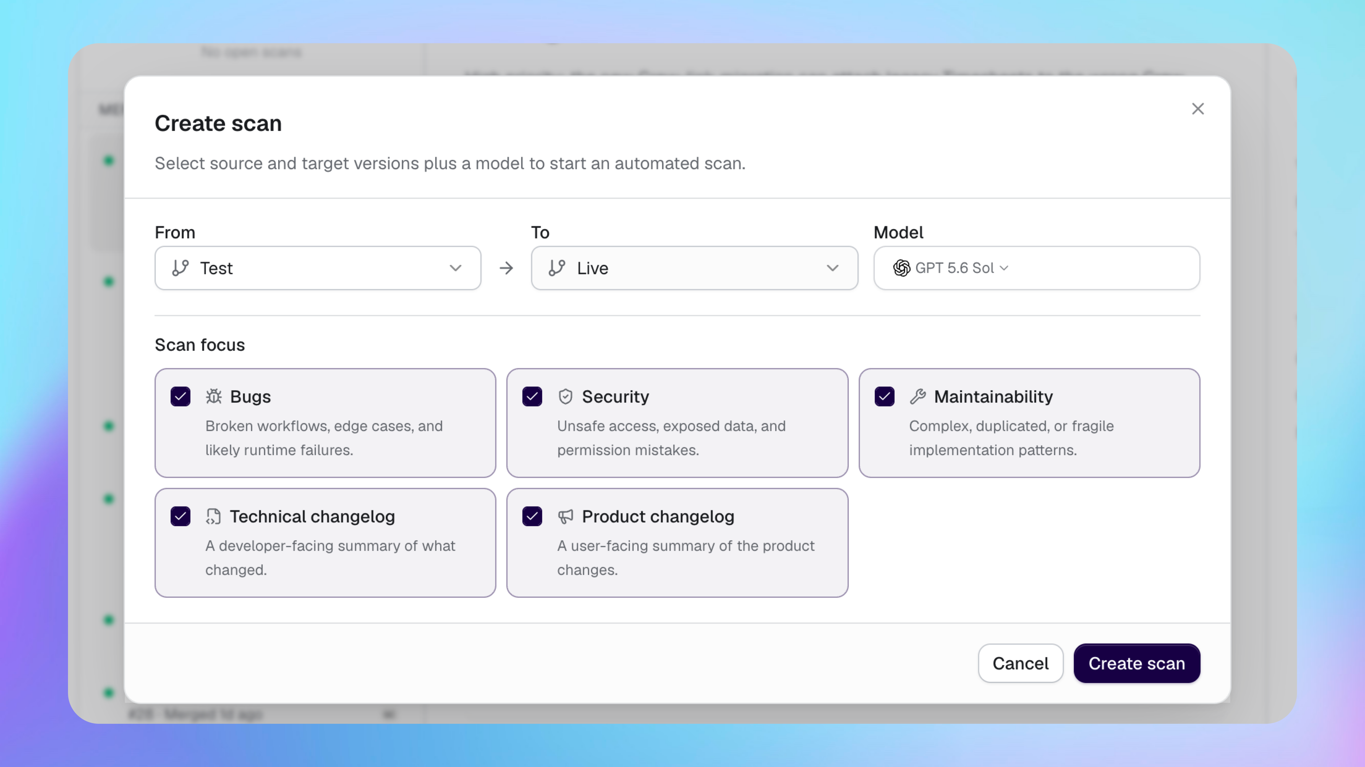 Create scan dialog with From and To versions, AI model and scan focus options