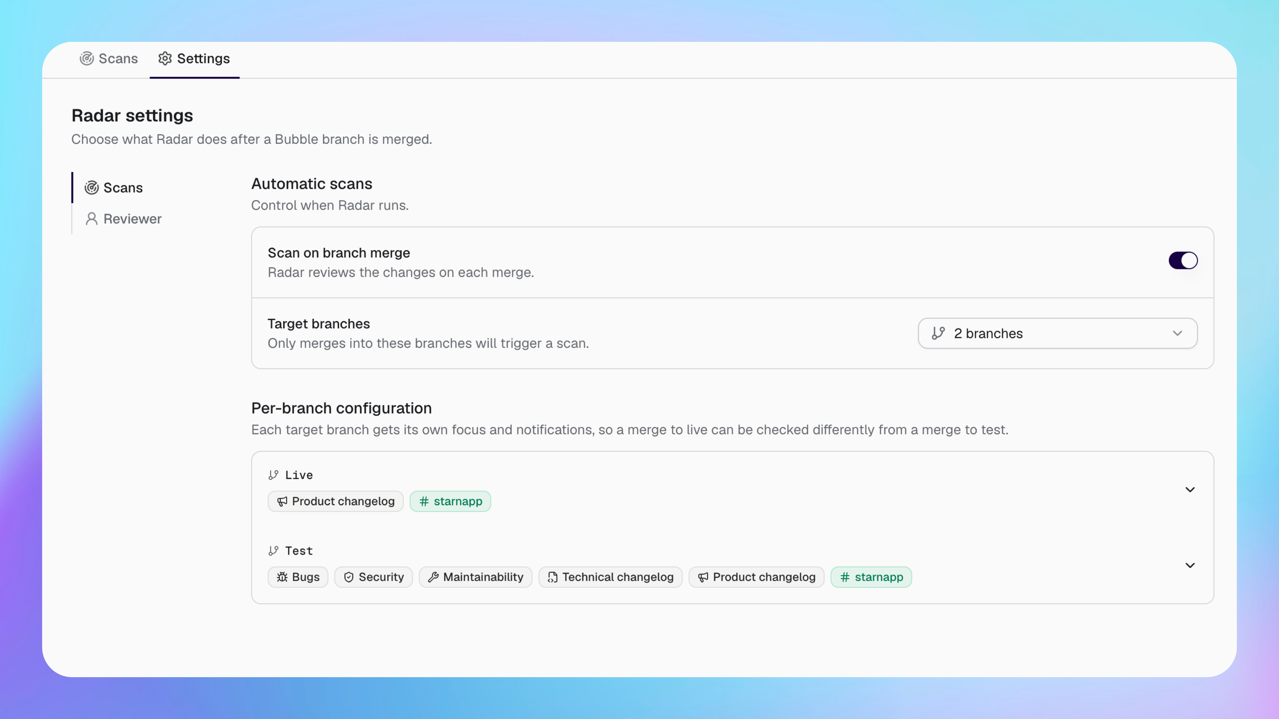 Radar settings with automatic scans enabled for Live and Test branches