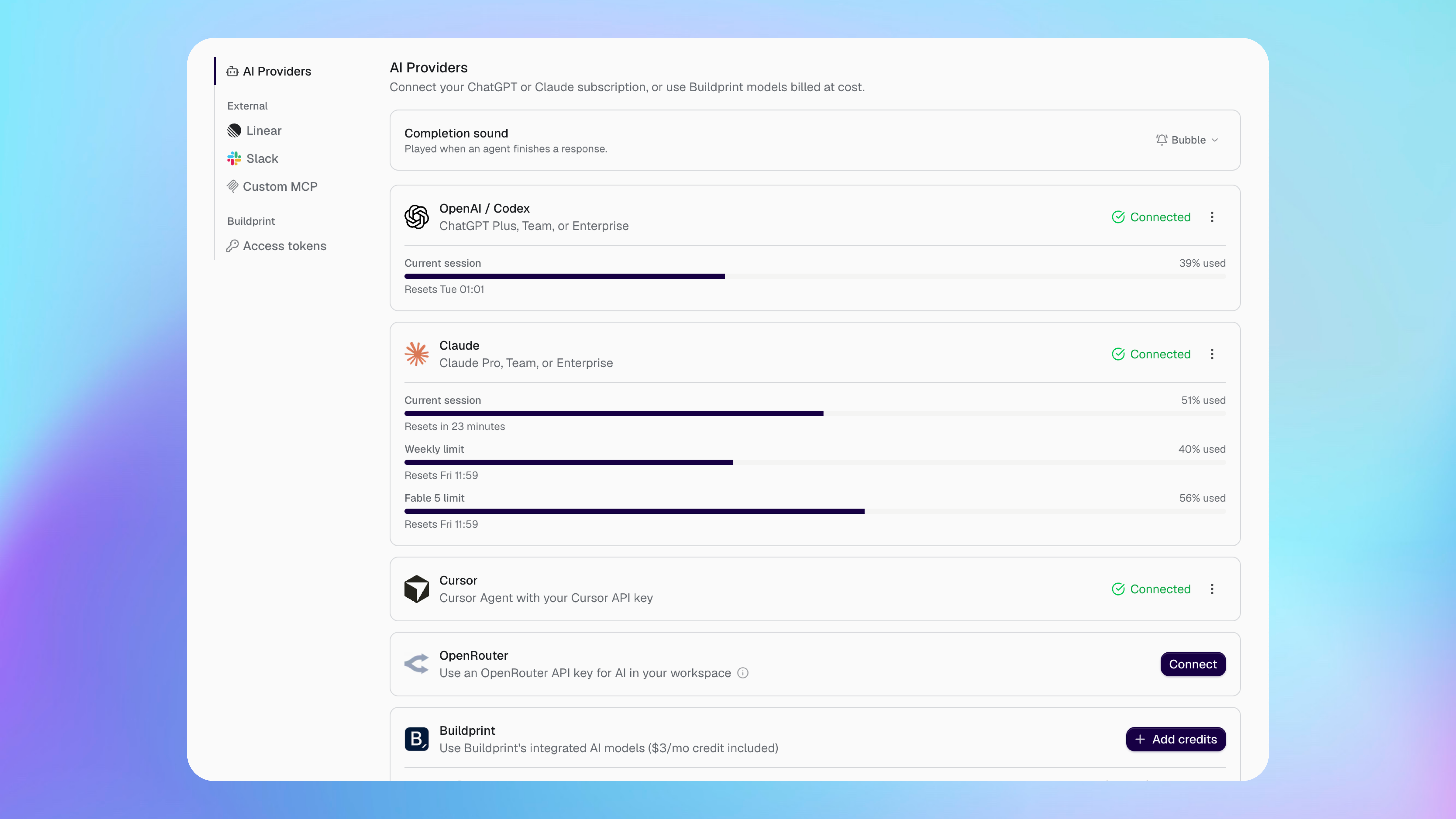 AI Providers settings with OpenAI, Claude, Cursor, OpenRouter and Buildprint