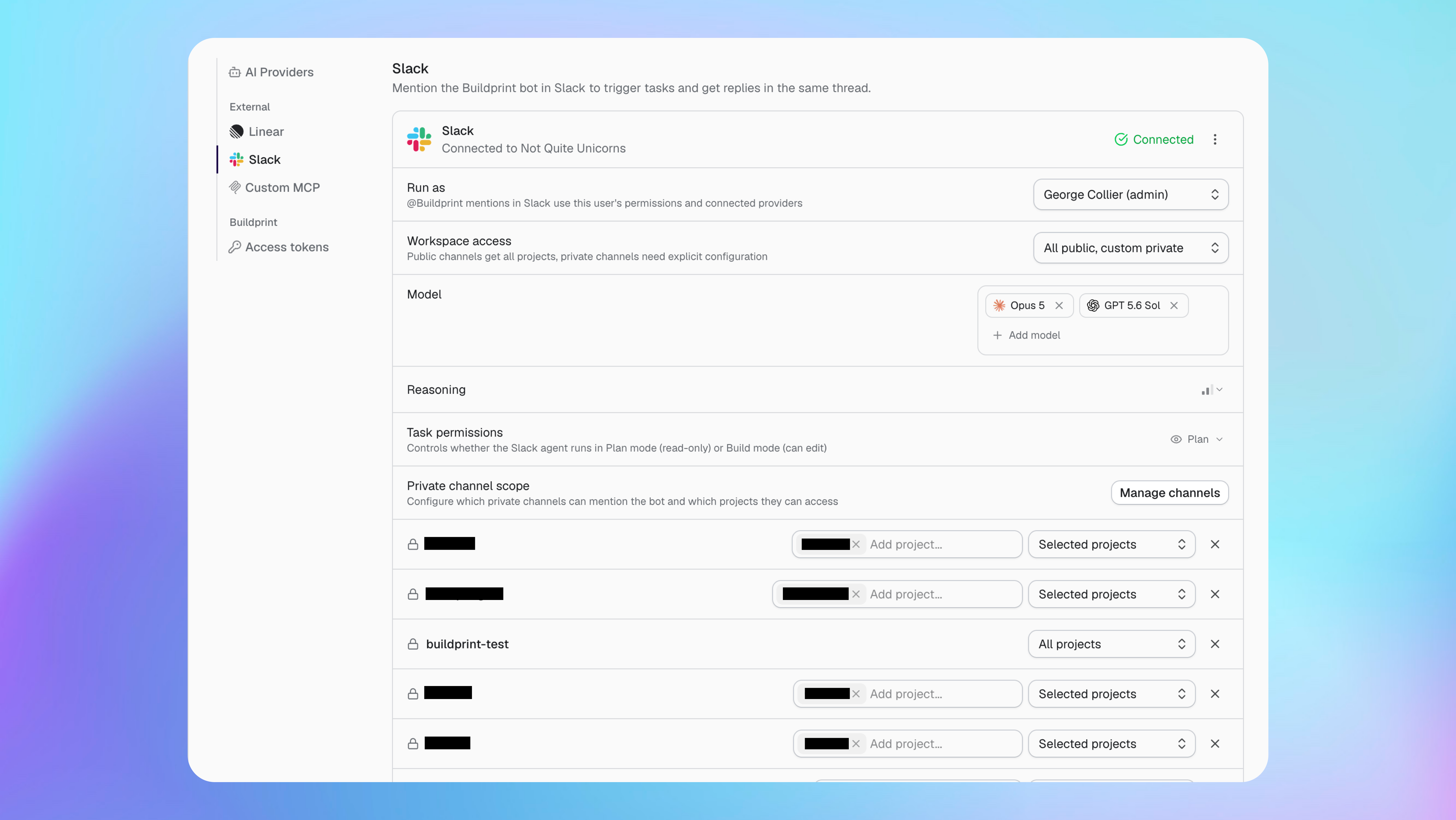 Slack integration settings with identity, workspace access, models, permissions and private channels
