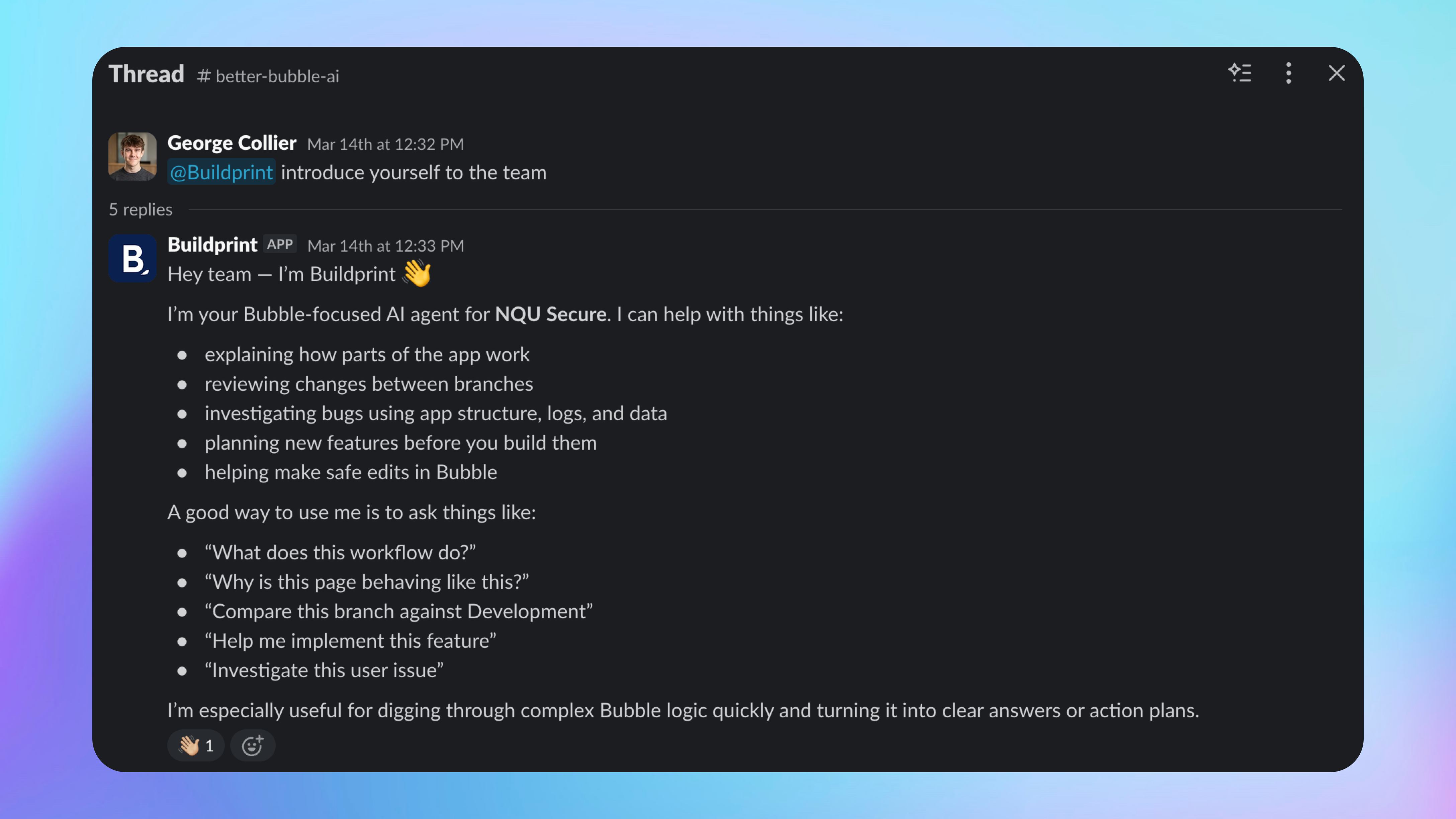 A Slack thread where Buildprint Agent responds to a team request