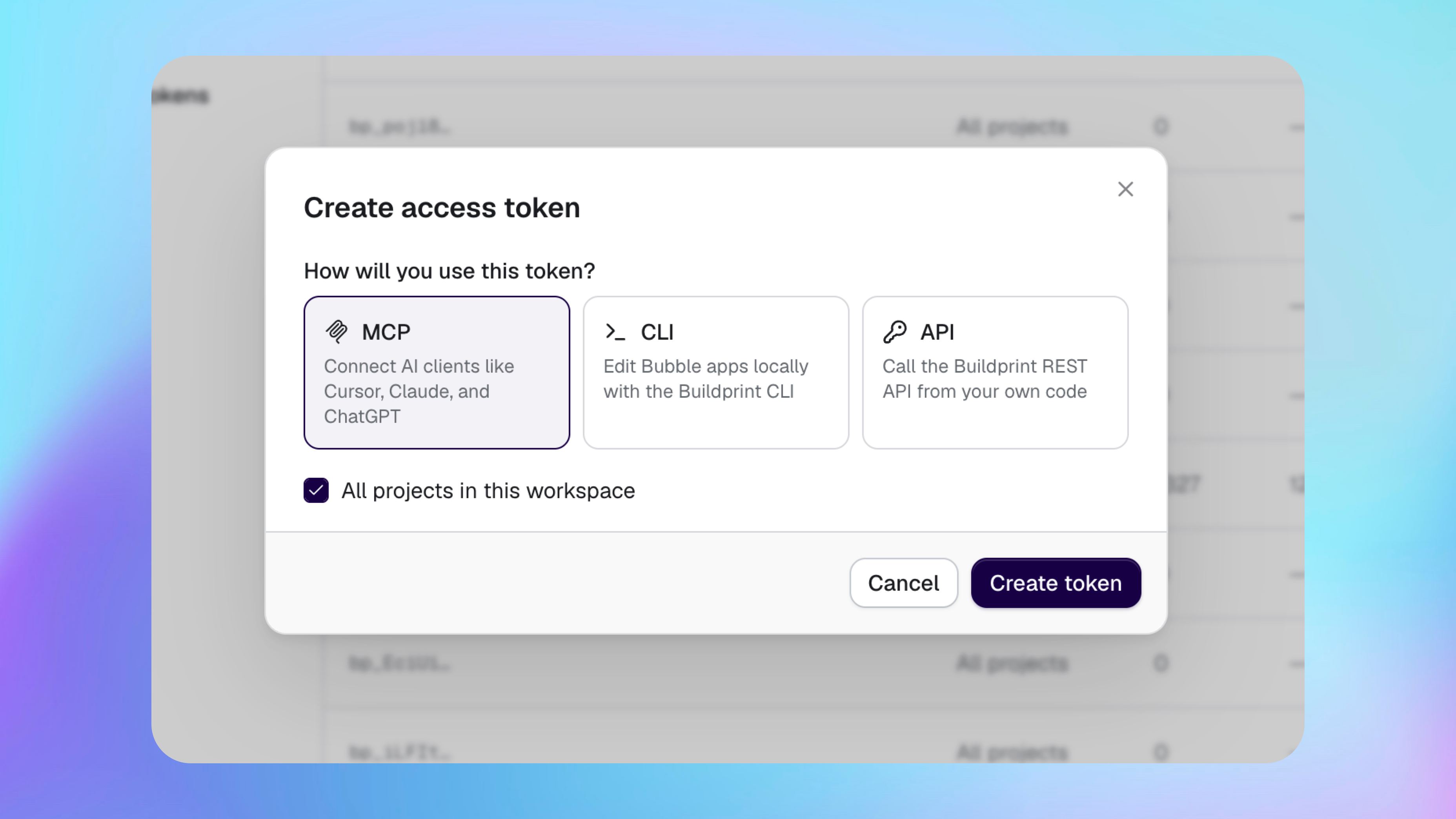 Creating an access token for MCP, CLI or API with workspace project scope