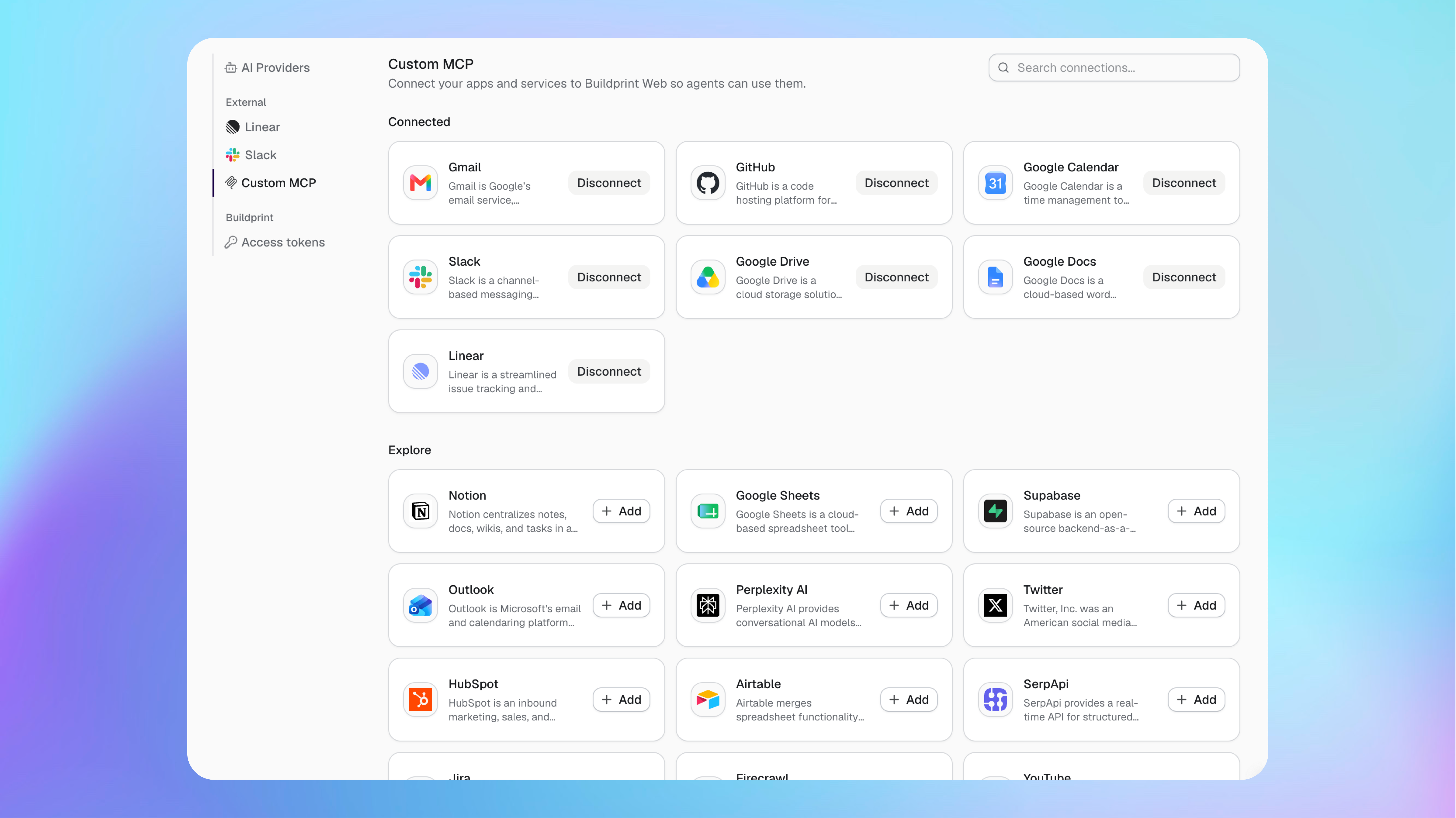 External MCP integrations with connected services and more services available to add