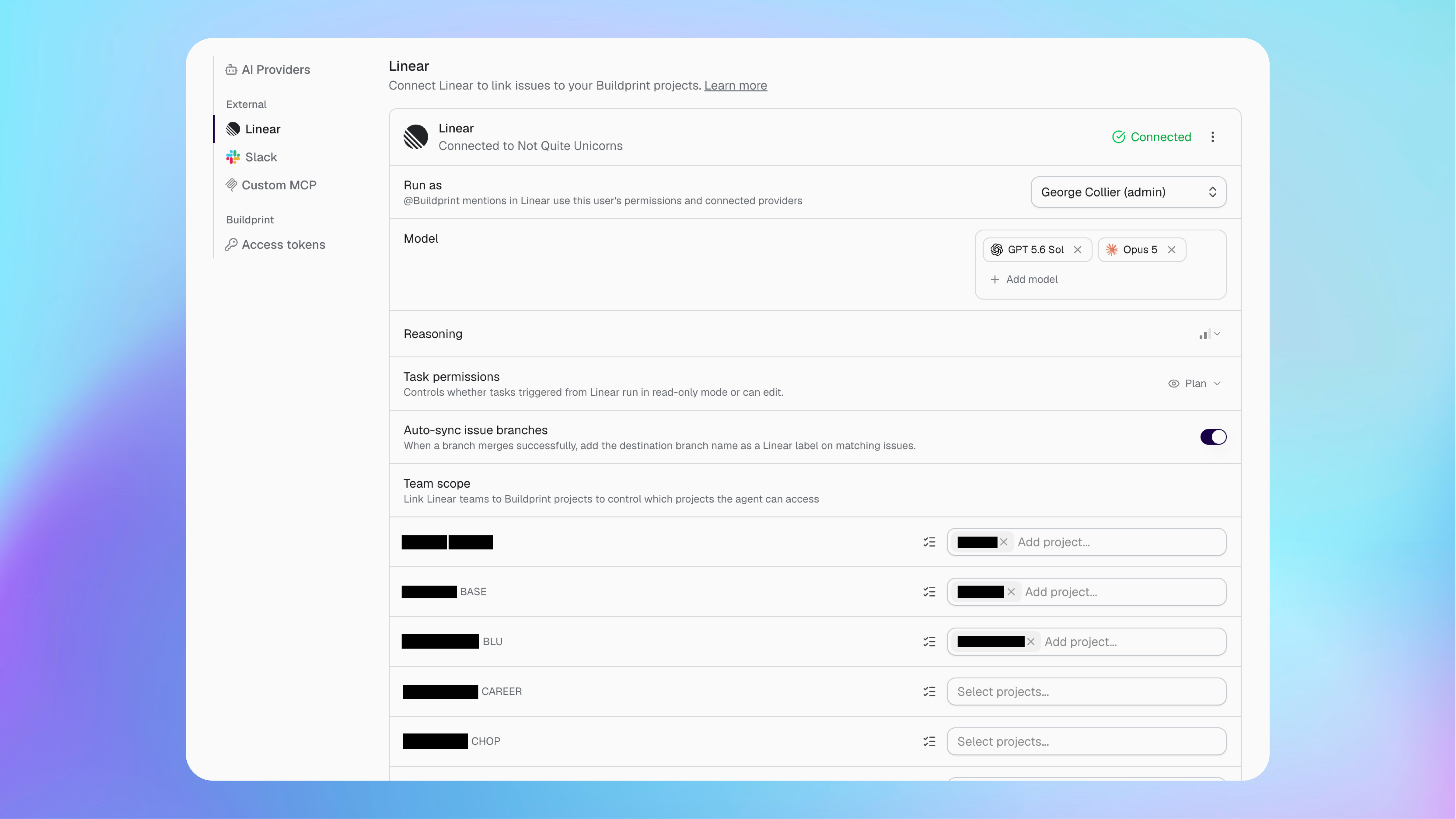 Linear integration settings with models, task permissions, branch sync and team-to-project mappings