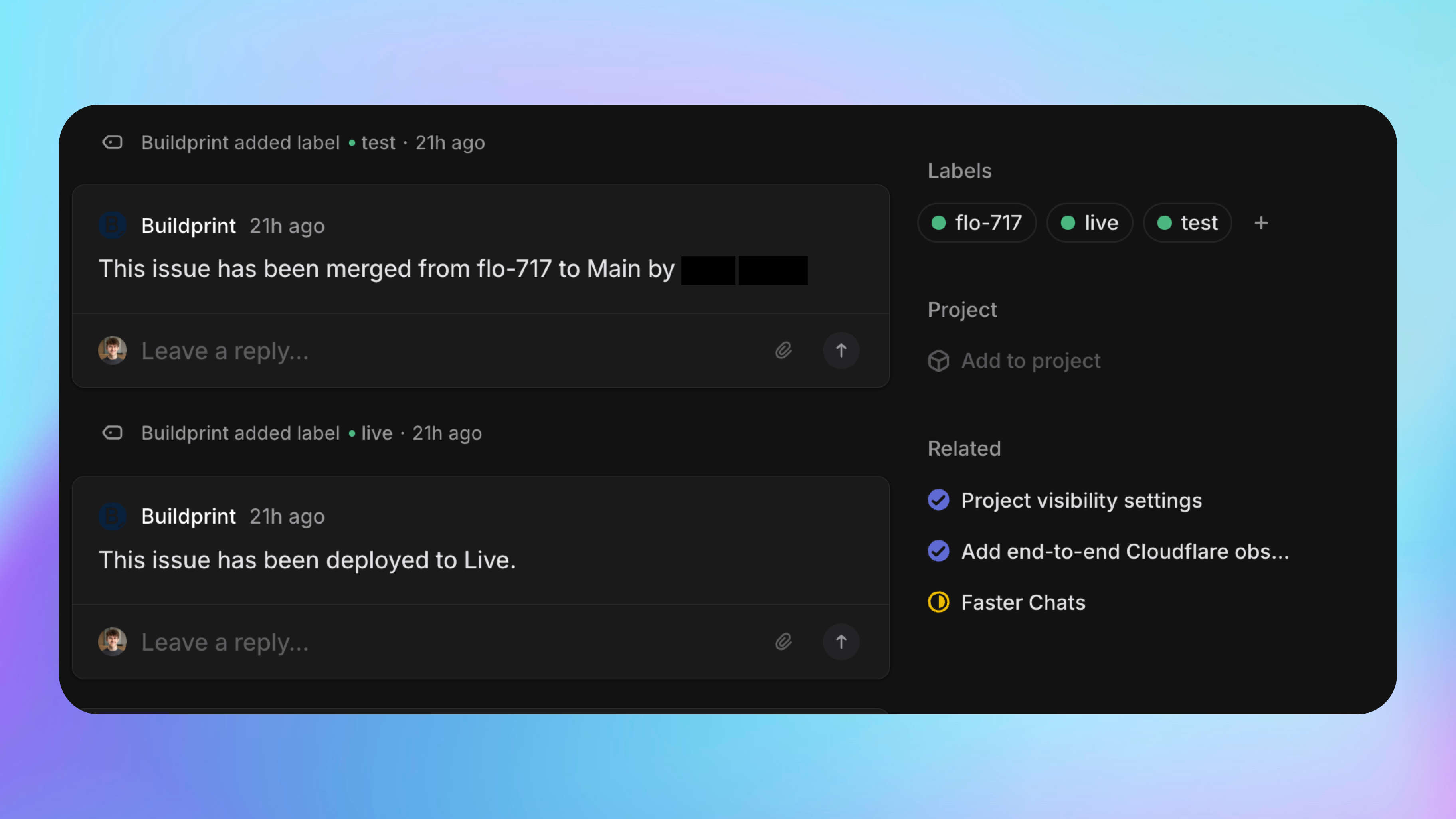 A Linear issue where Buildprint adds test and live labels after Bubble branch merges
