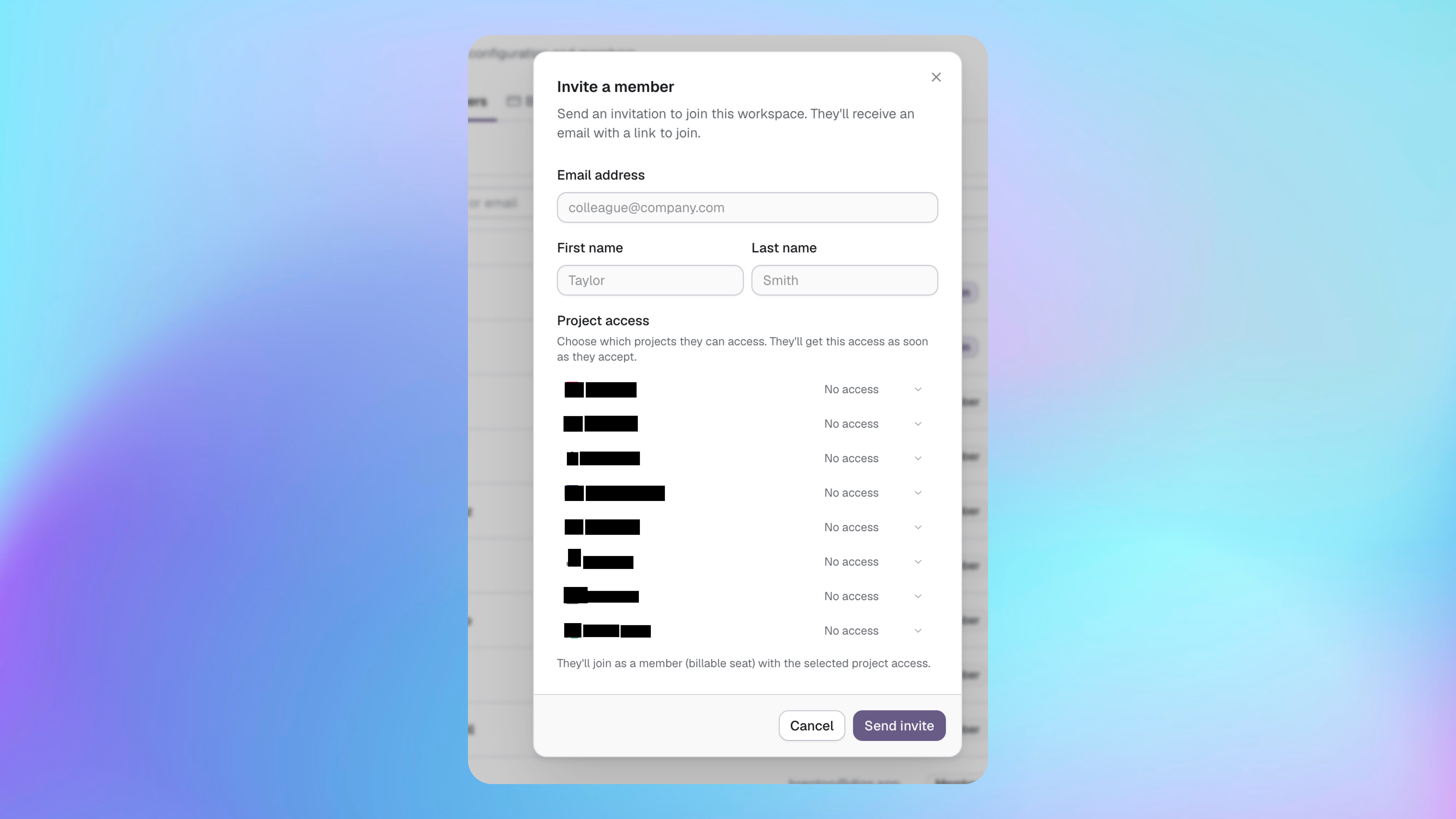 Invite a member dialog with contact details and access for each project