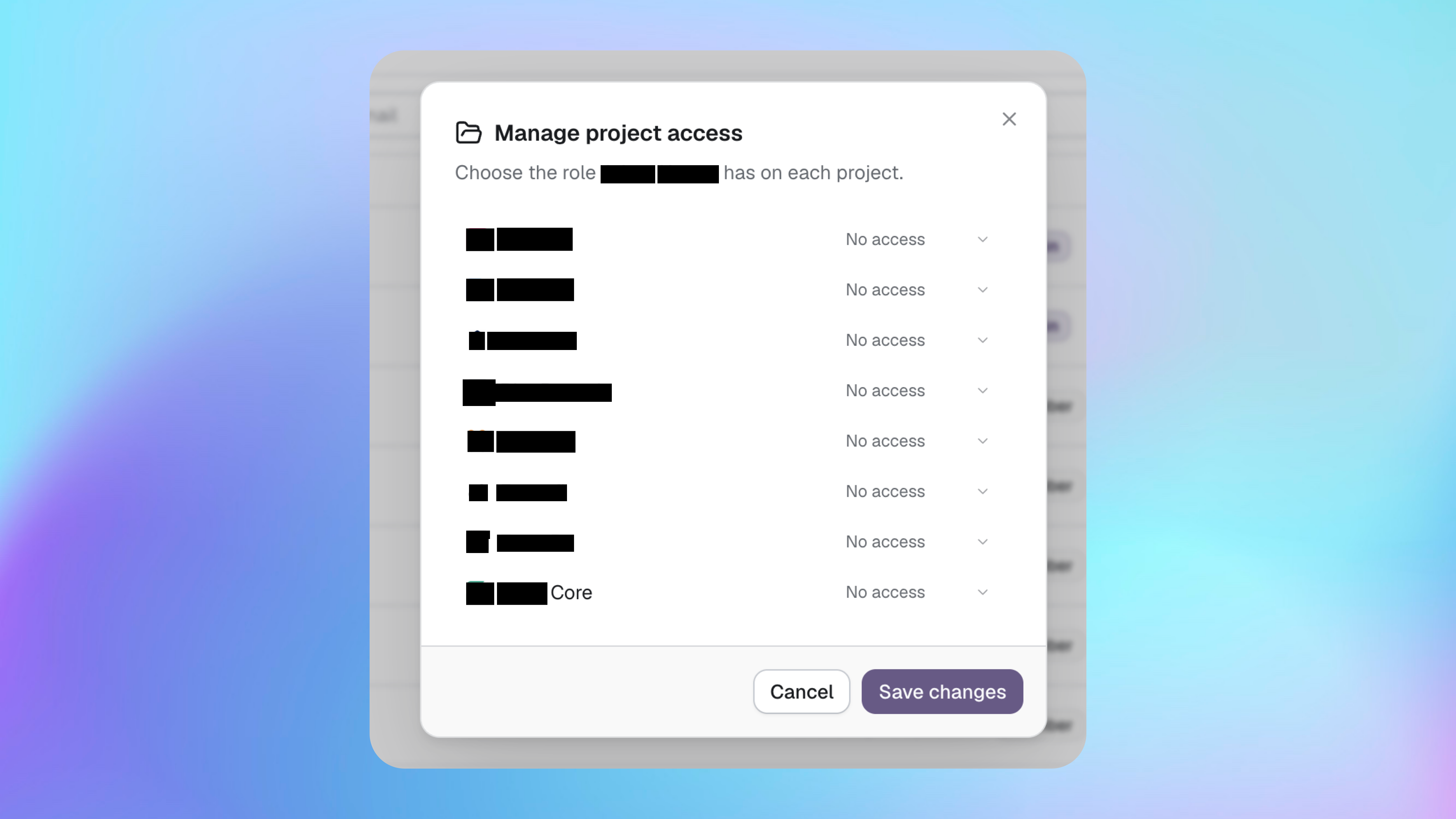 Manage project access dialog with a separate role for each Bubble project