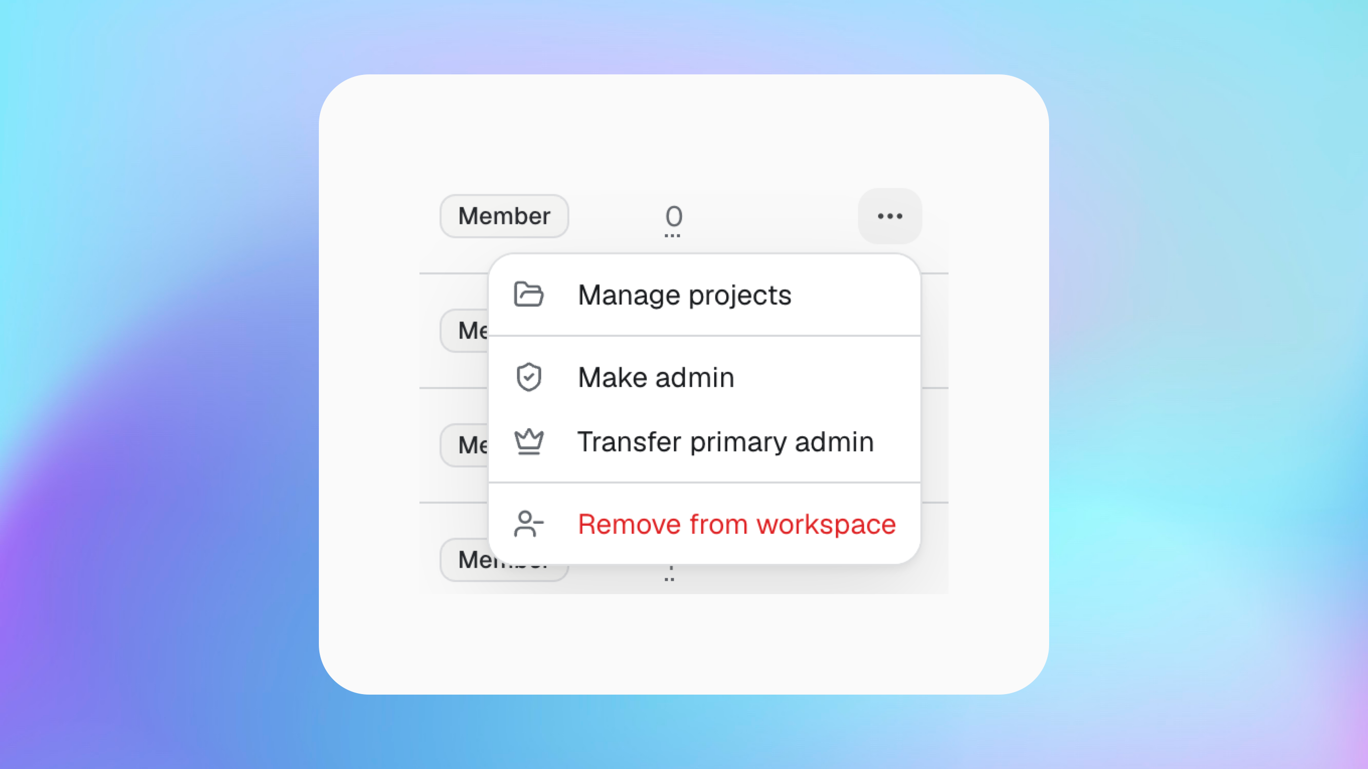 Member actions for project access, admin role, primary admin transfer and workspace removal