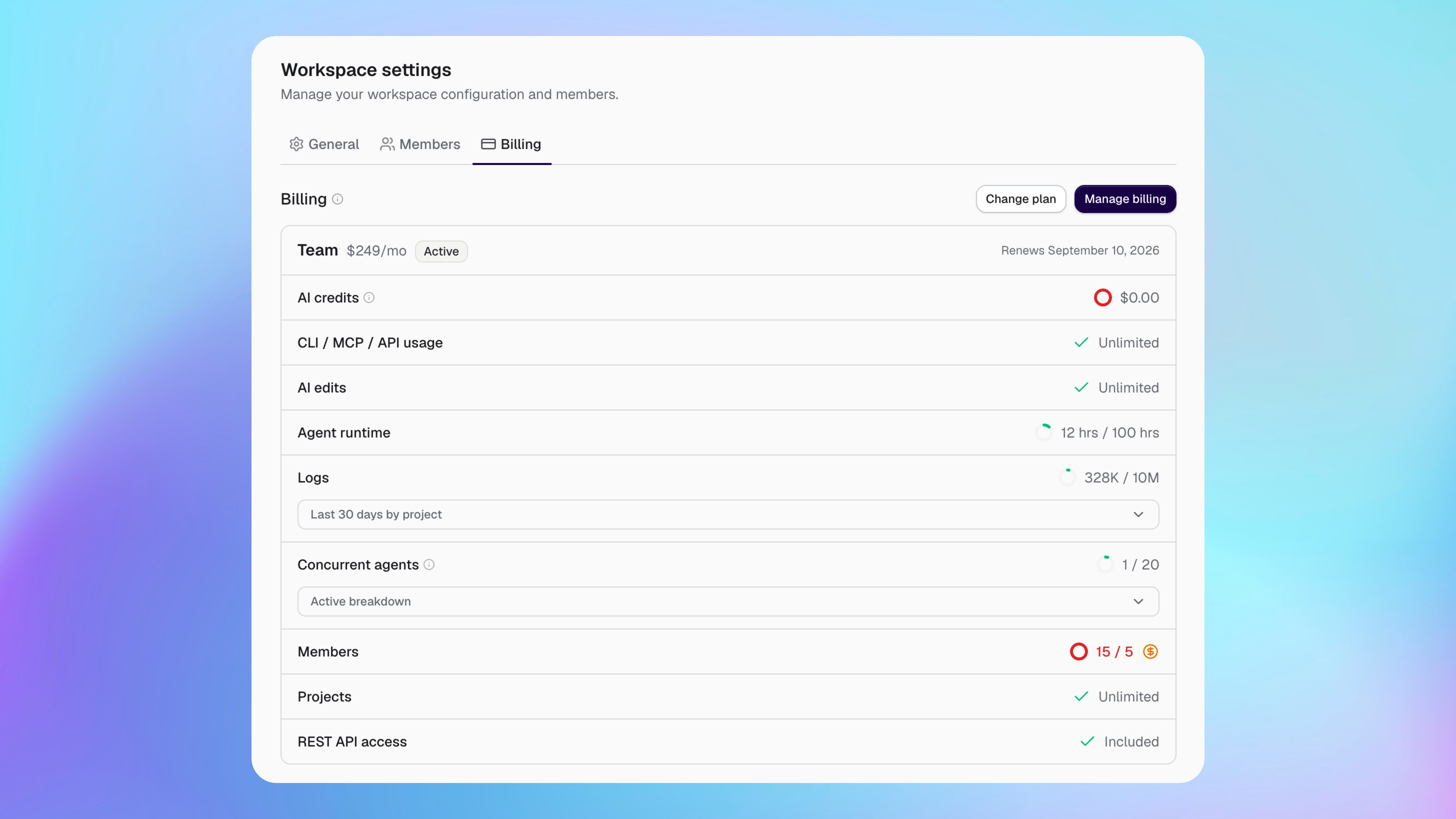 Workspace Billing page showing the active plan, renewal date and current usage