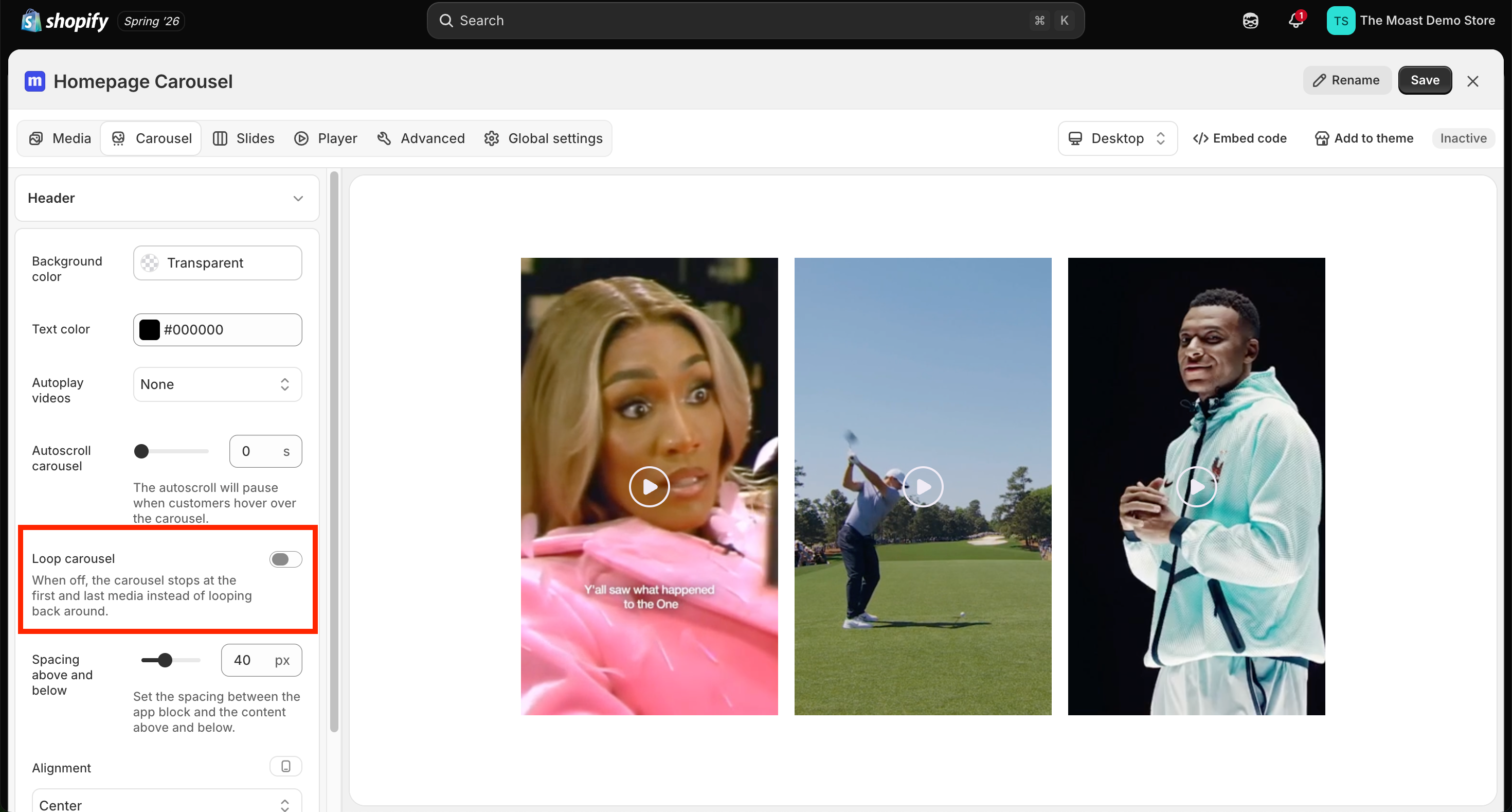 Infinite loop setting for carousel and stories widgets