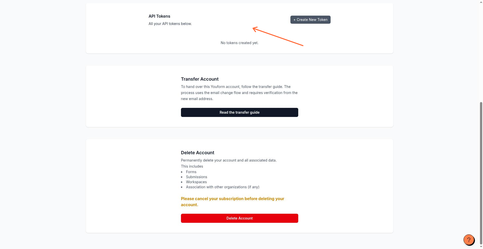 The API Tokens section on the account page