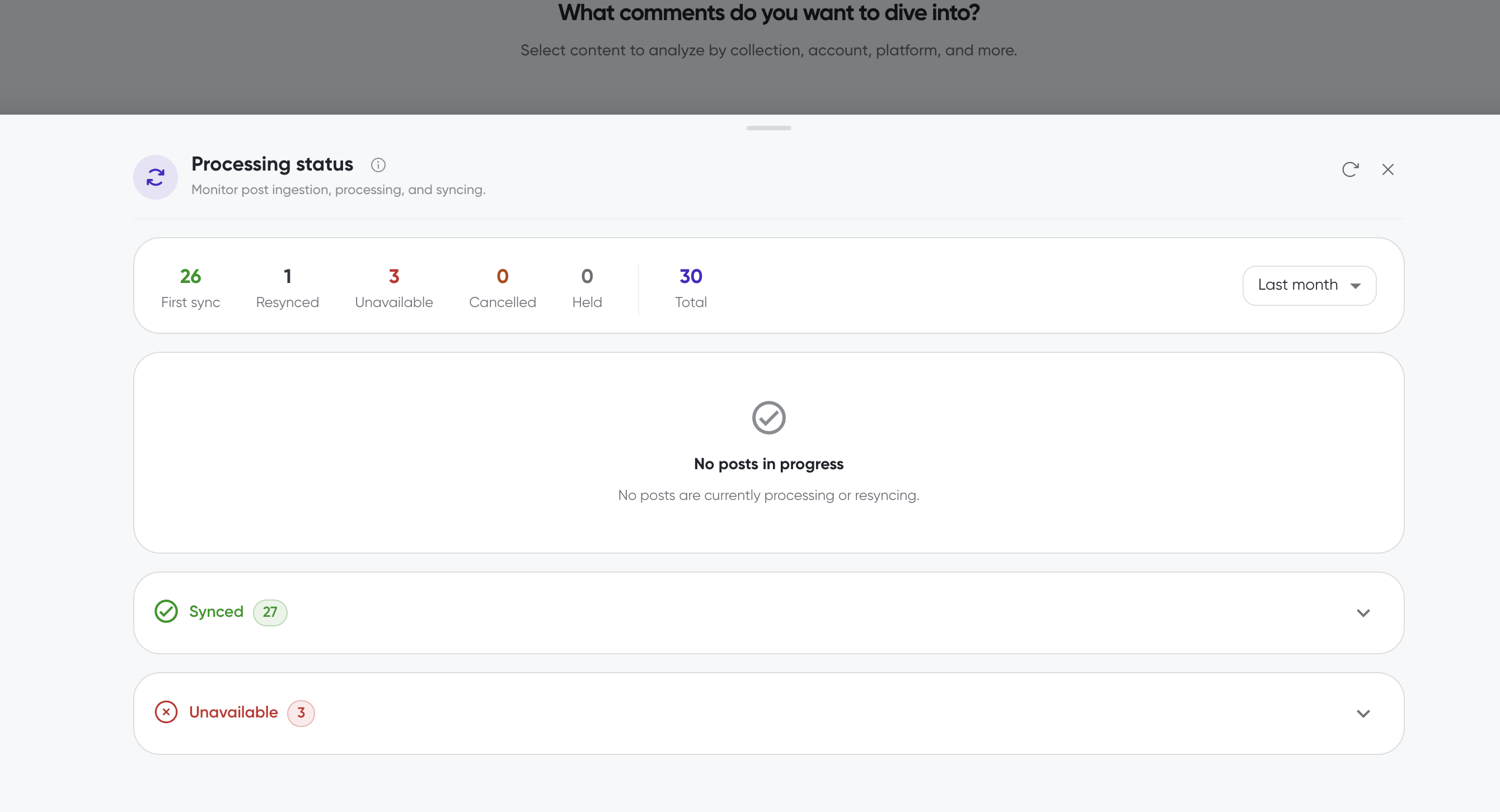 Post Status panel showing summary counts and collapsible status sections